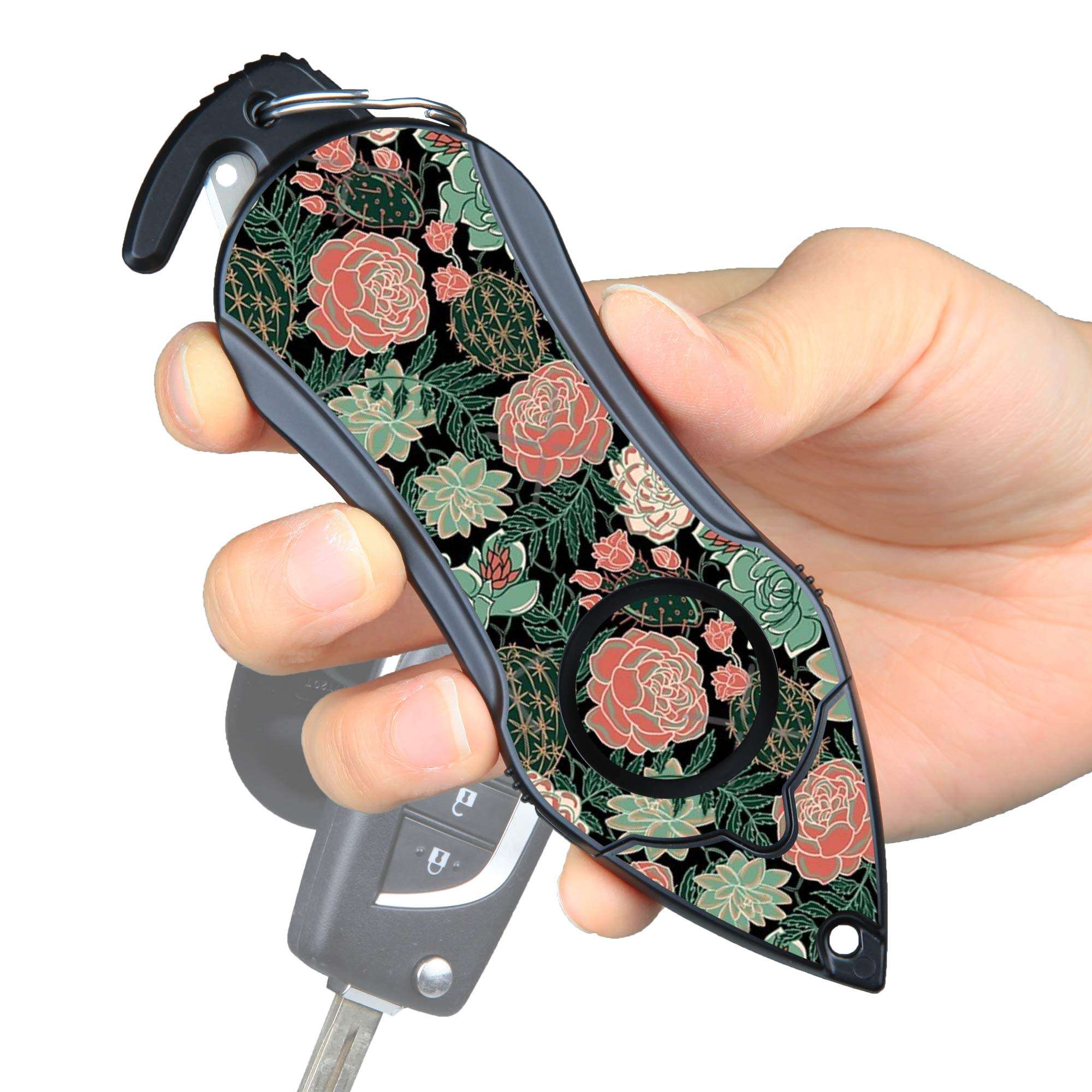 Stinger Personal Alarm Keychain Emergency Tool, Safety Panic Alarm Siren, Seat Belt Cutter, Glass Breaker, Security Device for Women Men Kid, Design in USA (Green Flower) - Image 1