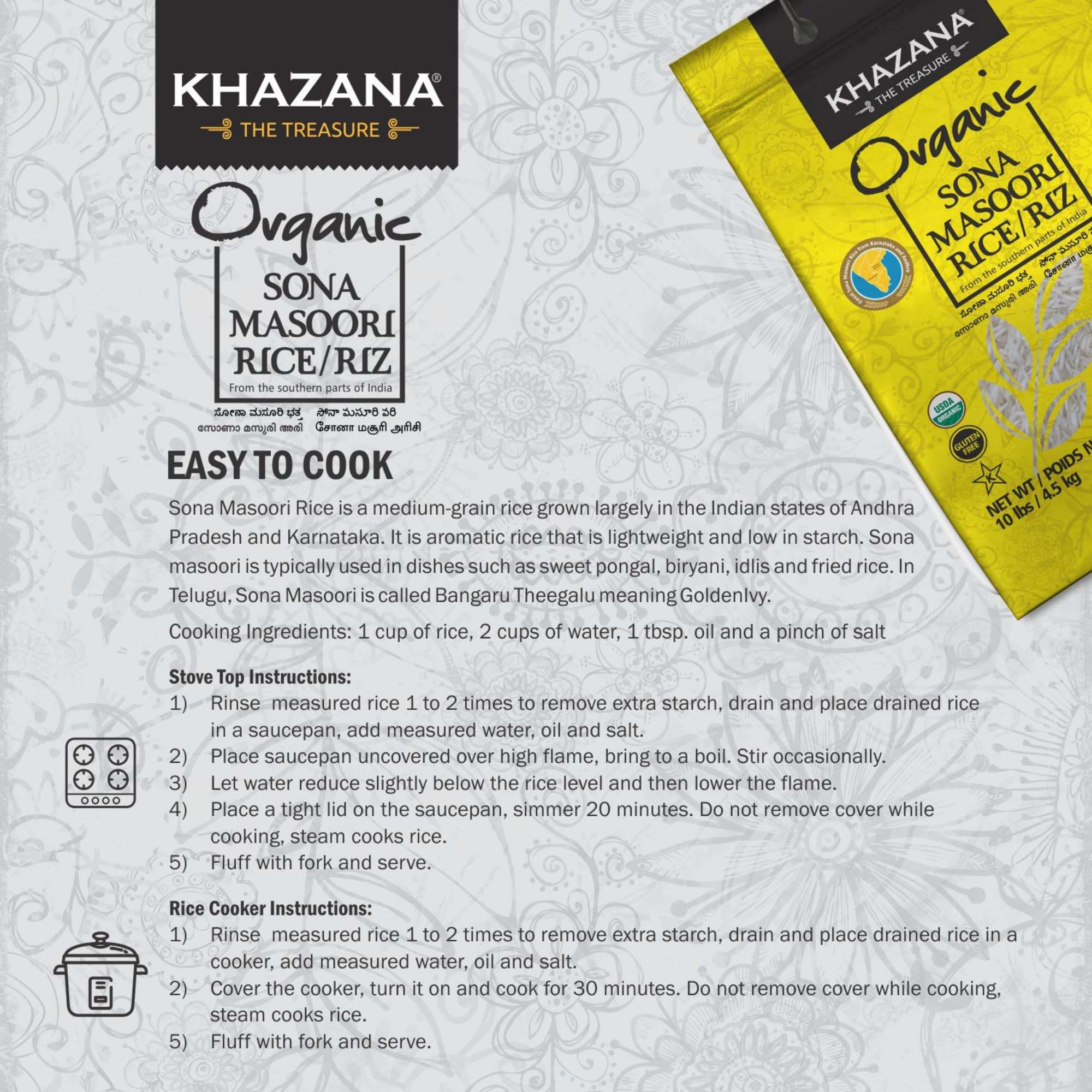 Organic Sona Masoori Rice by Khazana in 10 lb Bag - Aromatic and Flavorful Indian Grain - Non-GMO, Gluten Free, Kosher, Cholesterol Free - Image 5