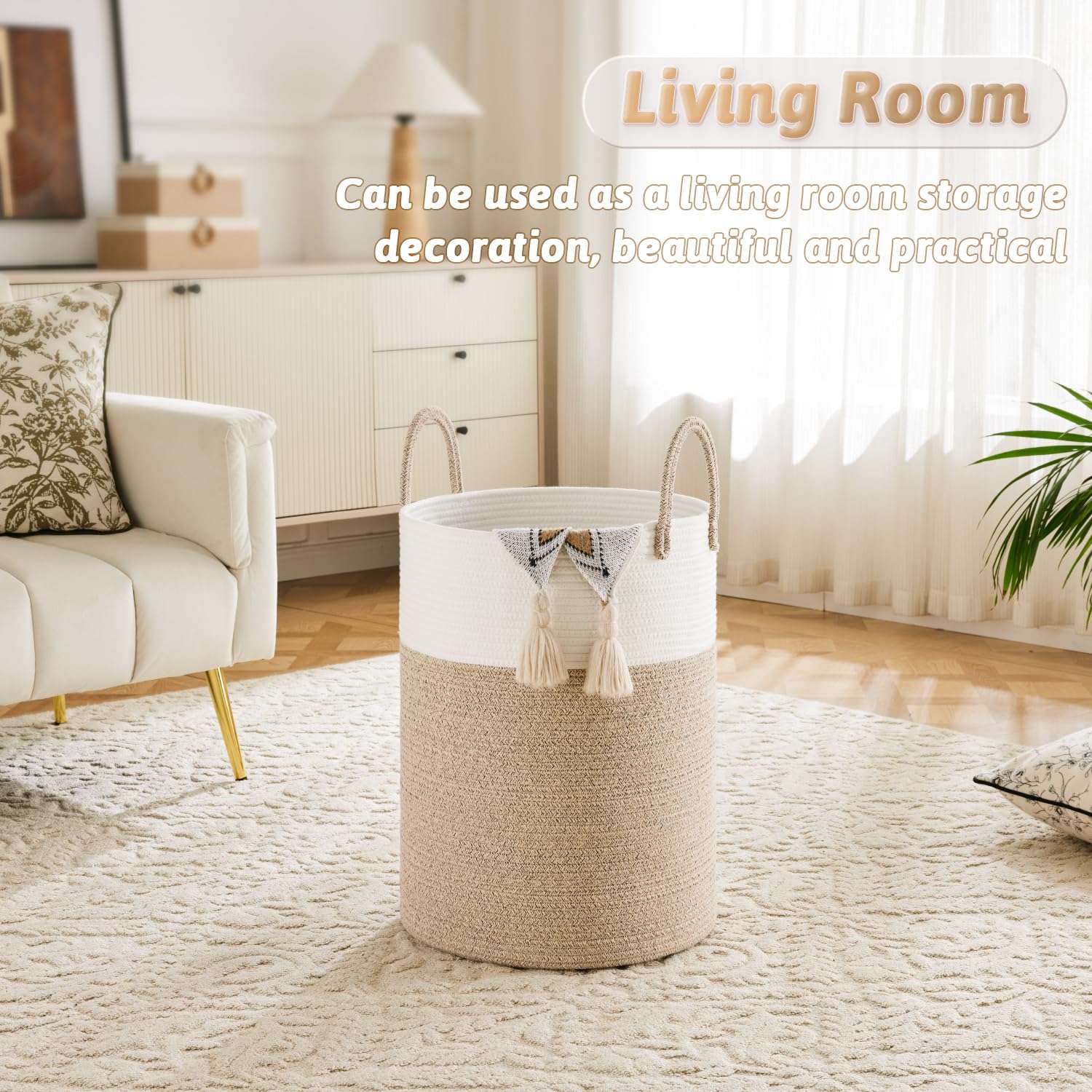 Artfeel Laundry Basket,Woven Cotton Rope Laundry Hamper,60L for Decor Storage of Dirty Clothes,Toys and Blankets in Bathroom,Baby Room and Living Room - Image 6