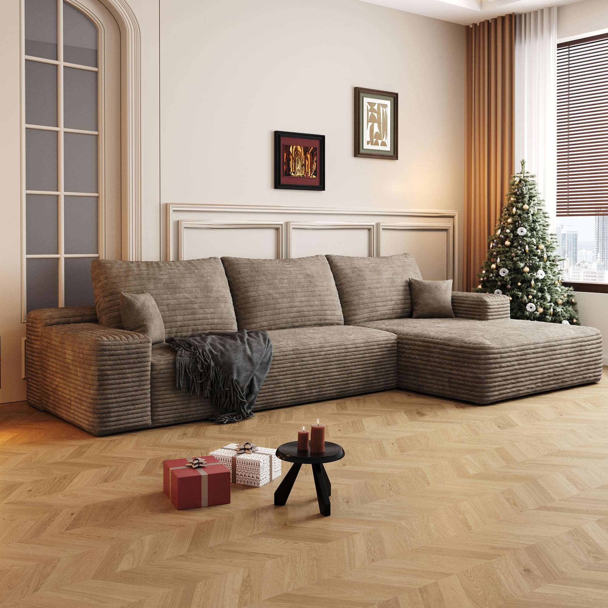 107 inch Cloud Sectional Couch Boneless Sofa in a Box for Living Room, Foam Floor Modular Sectional Sofa w/Deep Seat, Fluffy Corduroy Upholstered Couch with L-Shaped Chaise - Image 3