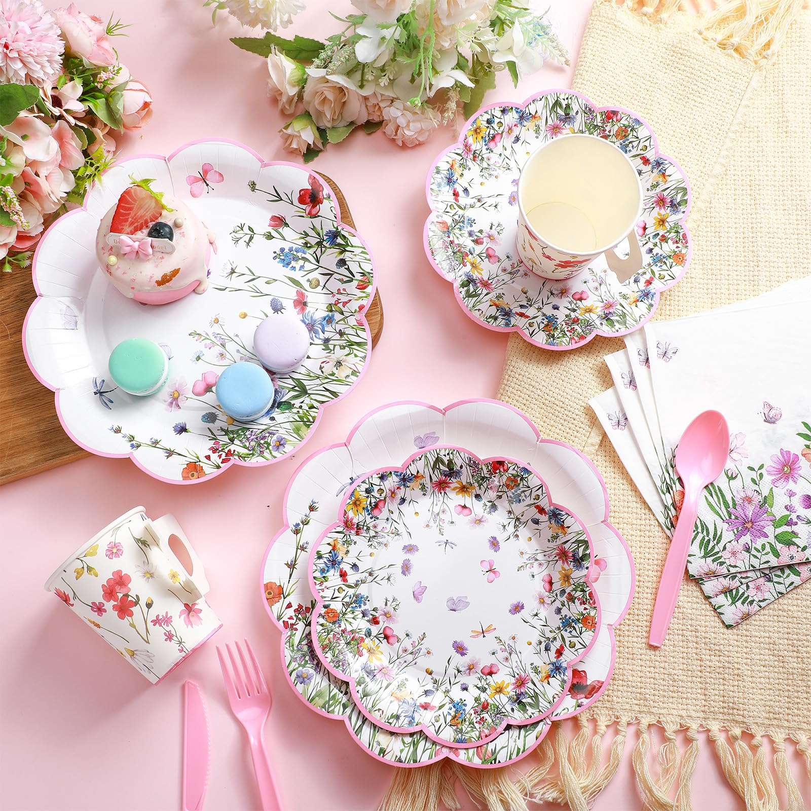 Pickmesh 252 Pcs Floral Tea Party Supplies for 36 Guests Wildflower Paper Disposable Dinnerware Floral Teacups with Handle and Saucers Sets for Tea Party Decorations Birthday Baby Shower Wedding - Image 2