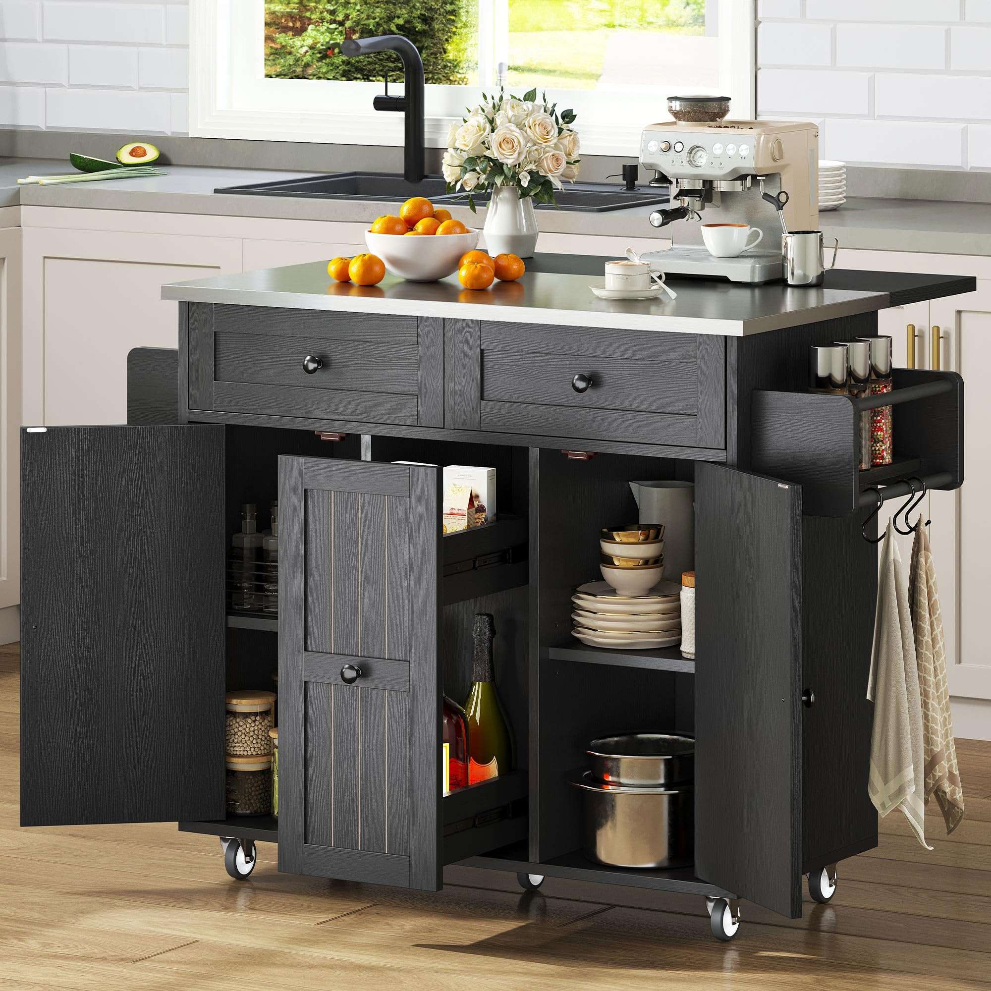 DWVO Kitchen Island on Wheels, Mobile Kitchen Island Cart with Folding Drop Leaf Breakfast Bar, Island Table for Kitchen with Large Storage Cabinets, Racks, Drawers and Adjustable Shelves, Black - Image 2