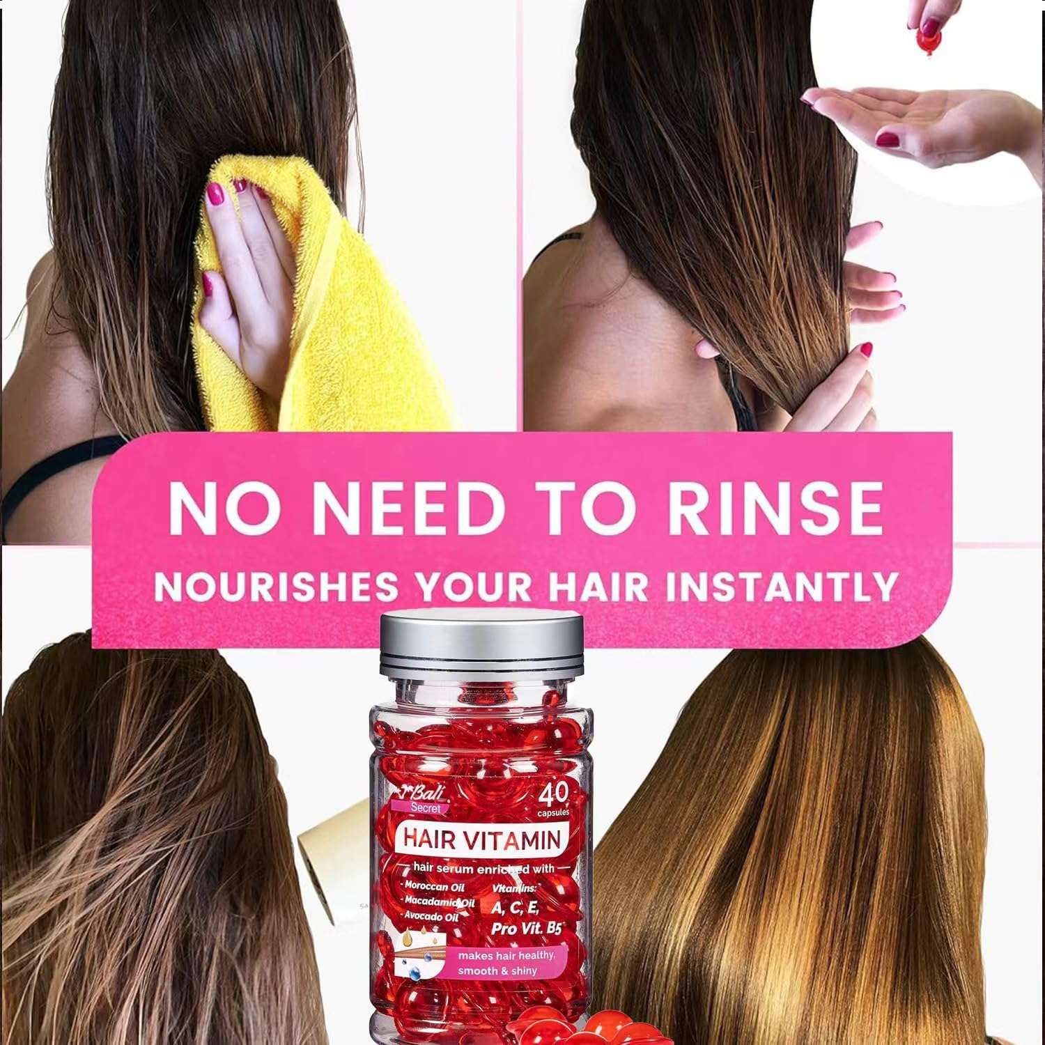 Bali Secret Hussell Hair Treatment Serum - 40 Hair Care Capsules - No Rinse - With Argan Macadamia & Avocado Oils - Vitamins A, E, & Pro B5 - Conditioner for Women & Men - Image 2