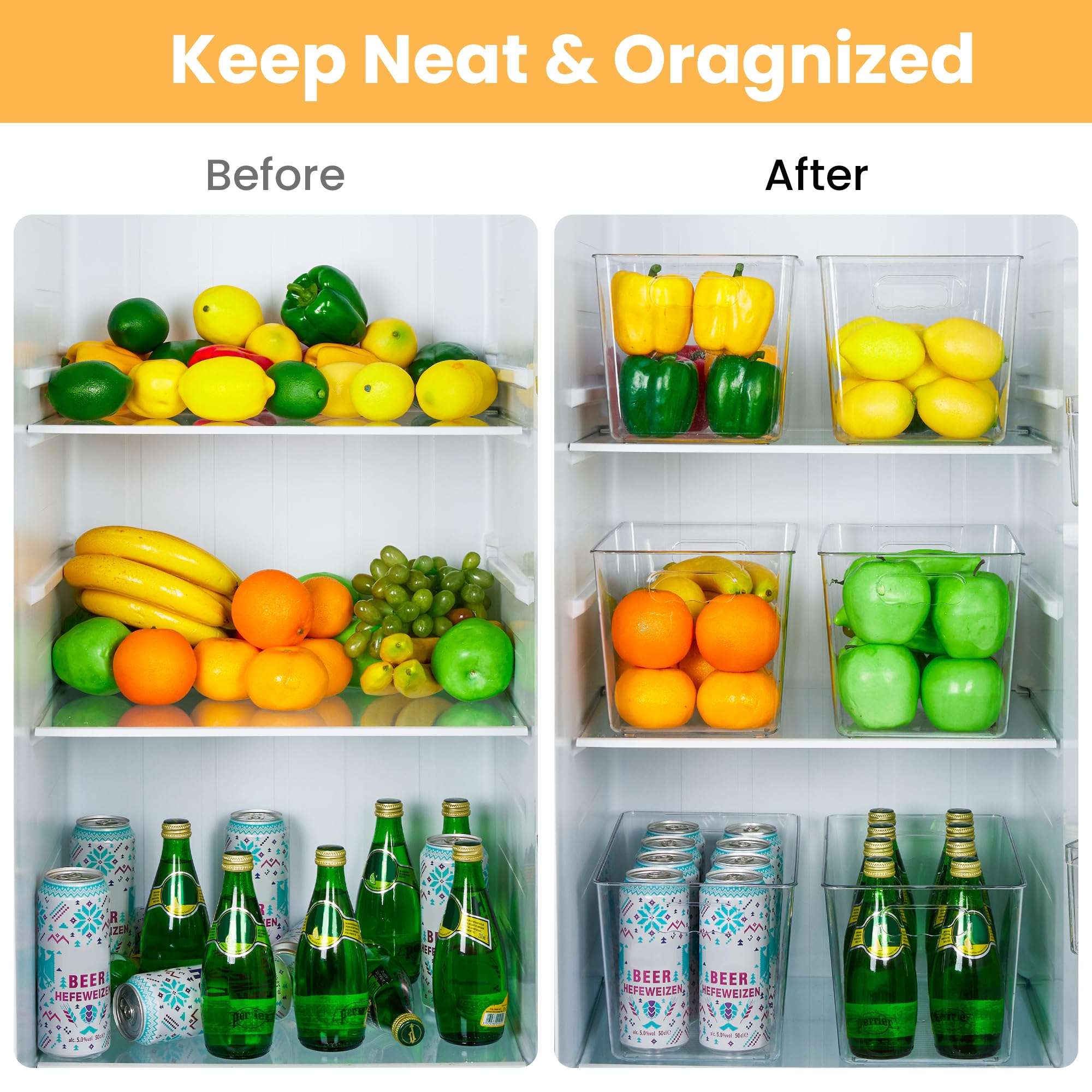 YIHONG Clear Plastic Storage Bins, 8 Pack Pantry Organizer Bins with Handle for Kitchen, Freezer,Cabinet,Closet Organization and Storage(XL) - Image 6