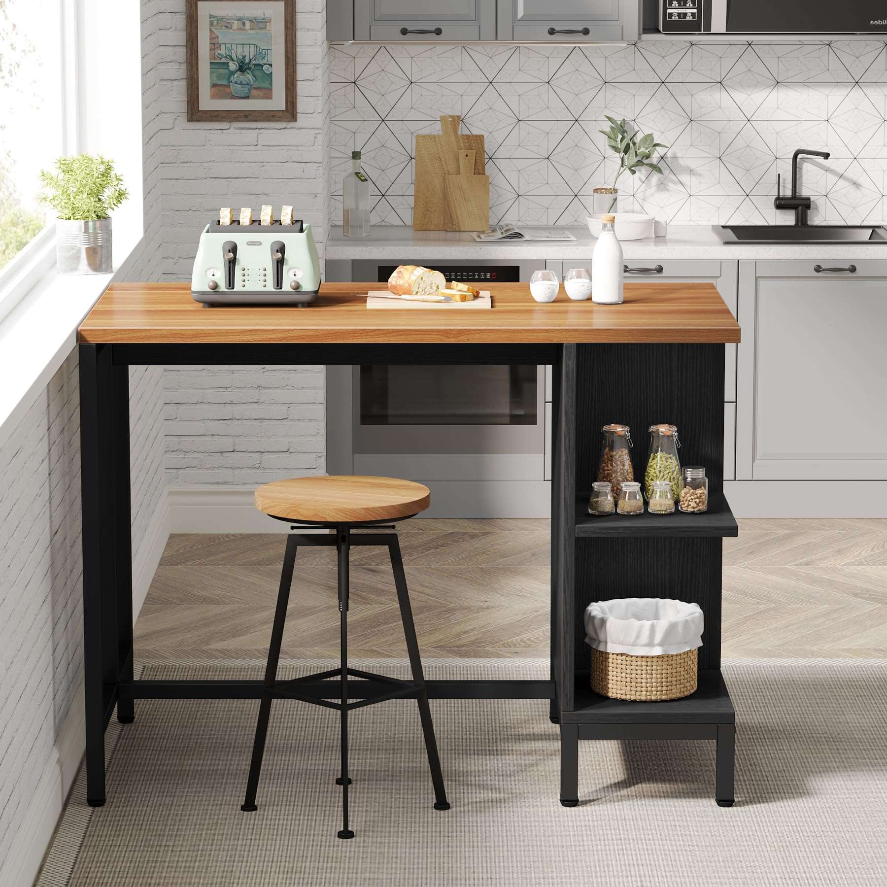 Tribesigns Kitchen Island, Kitchen Shelf Bar Table with 5 Open Storage Shelves and Large Worktop, Industrial Butcher Block Island (Stools Not Included) - Image 7