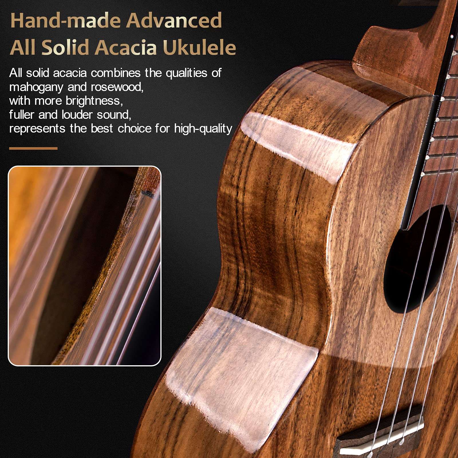 AKLOT All Solid Acacia Ukulele, 23 Inch Concert Ukelele Super Warm tone for Professional Beginners Adults Kit with Free Online Courses,Gig Bag,Strap,Tuner,Picks,Book Instruction,Humidifier,Clean Cloth - Image 4