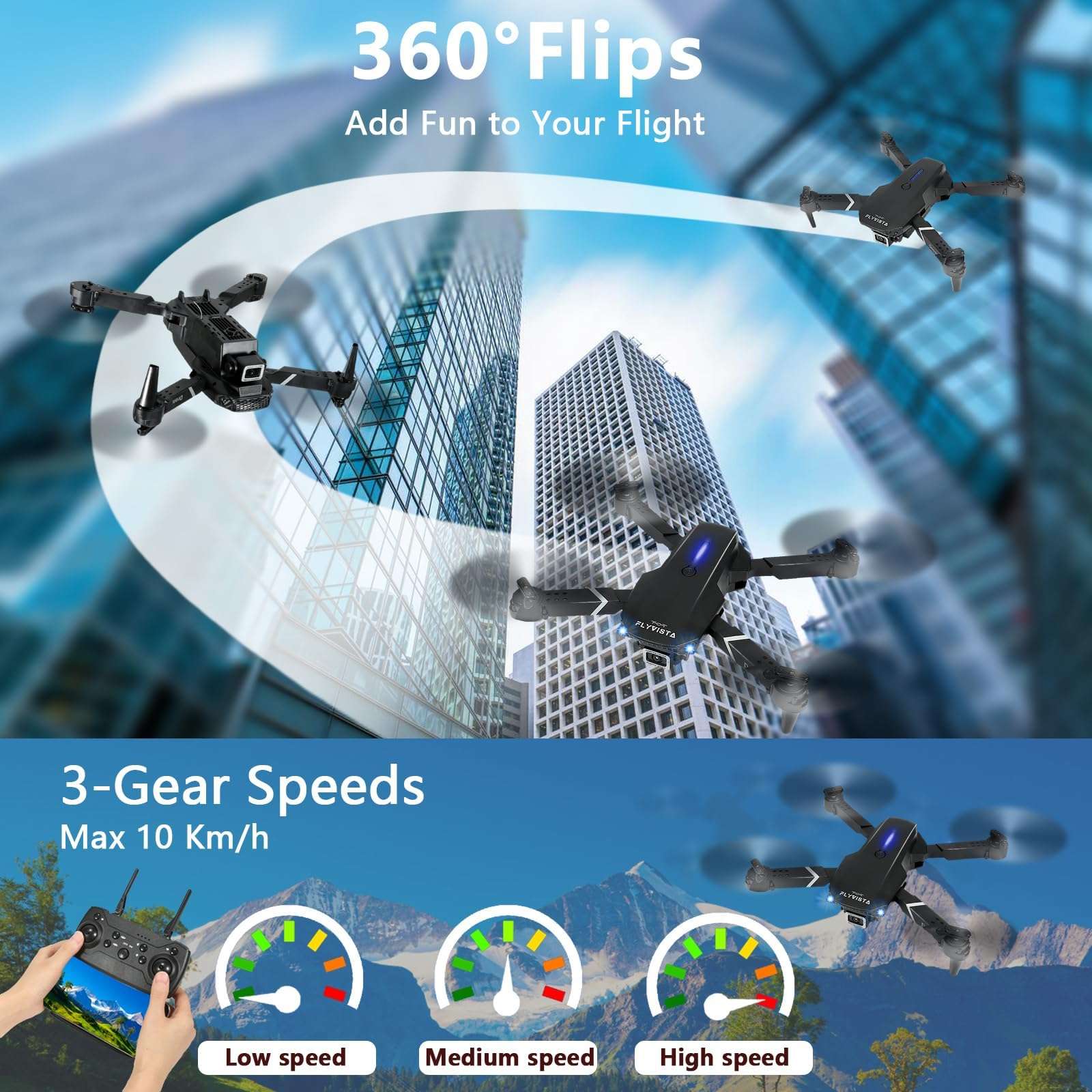 FLYVISTA Mini Drone with Camera for Adults Kids, 1080P WiFi FPV Camera Drone with 3 Batteries, One-Click Take Off/Landing, Altitude Hold, Headless Mode, 360° Flips, 3-Gear Speeds, Emergency Stop, Carrying Case, Toys Gifts for Kids and Adults Beginner - Image 5
