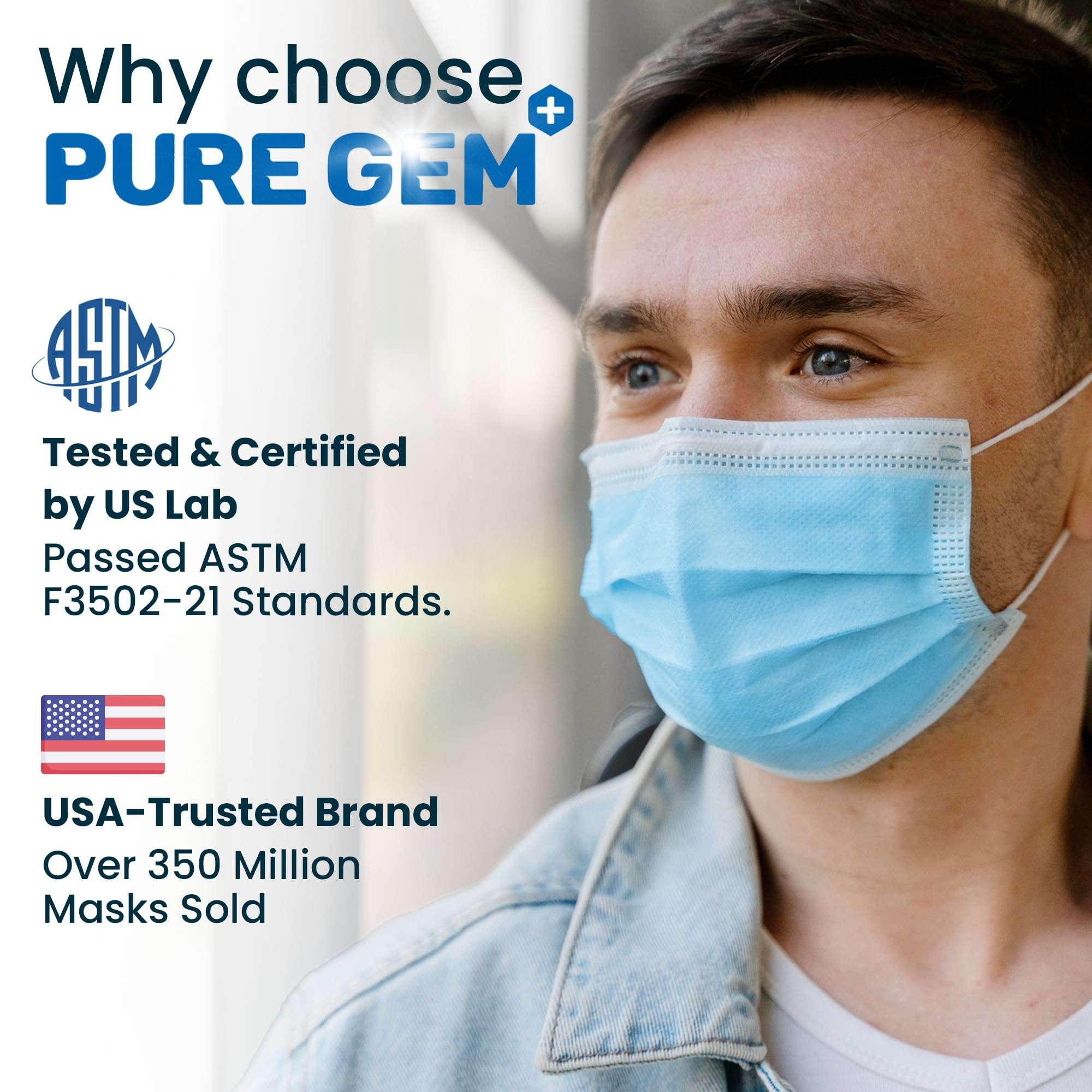 PURE GEM [Pack of 150] Single Use Disposable Blue Face Mask, Soft on Skin, 3-ply Masks Facial Cover with Elastic Earloops Great For Home, Office, School, and Outdoors - Image 4