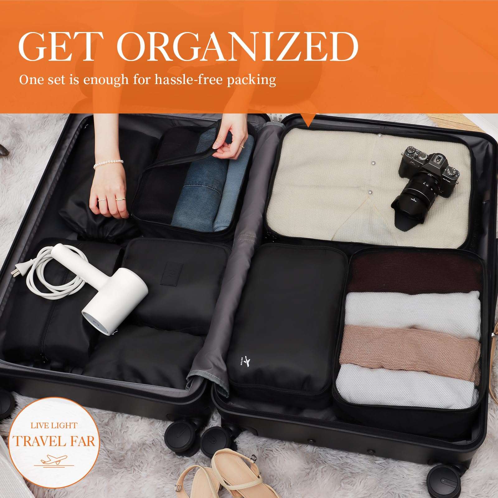 HOTOR Packing Cubes for Suitcases - 8 Pieces, Light Packing Cubes for Travel, Premium Suitcase Organizer Bags Set, Space-Saving Luggage Organizers, Travel Accessories and Essentials, Black - Image 3