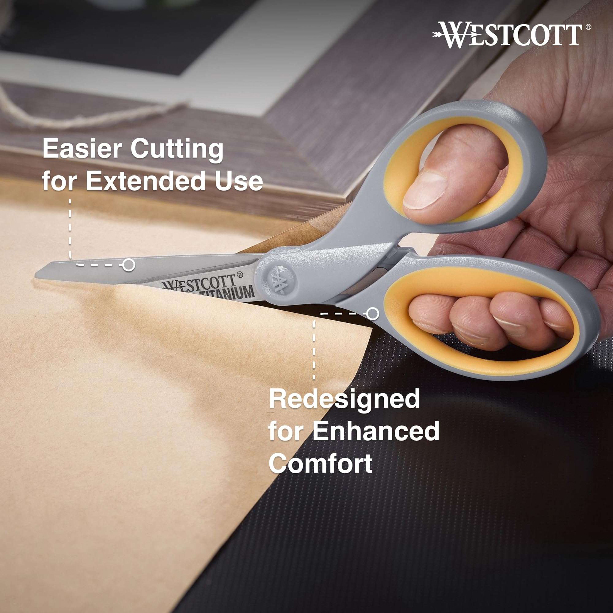 Westcott 8-Inch Titanium Bonded Scissors, Soft Handle, Straight Heavy Duty Scissors, Gray/Yellow, 4-Pack - Image 5