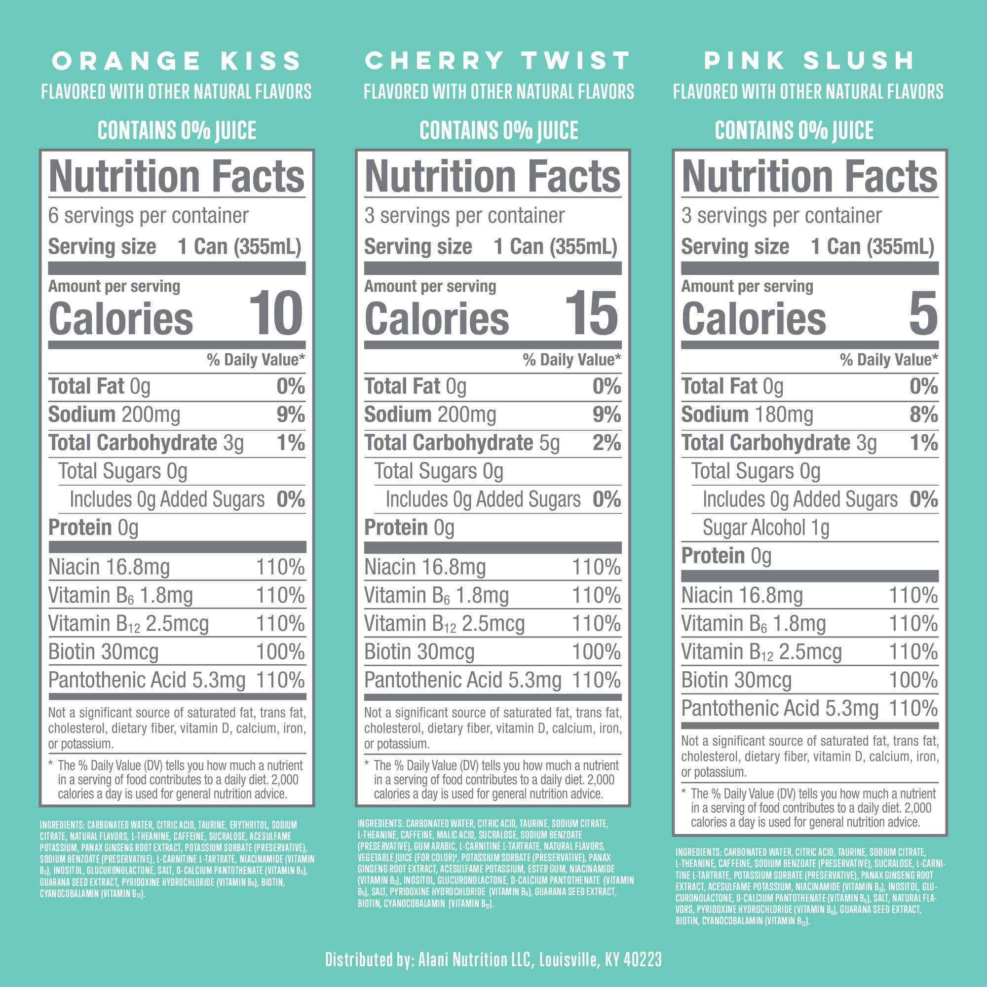 Alani Nu VARIETY PACK CHERRY TWIST, PINK SLUSH, ORANGE KISS Sugar Free, Low Calorie Energy Drinks, 200mg Caffeine, Biotin B Vitamins, Zero Sugar, 10 Calories, 12 Fl Oz Cans, 12 Pack - Image 5