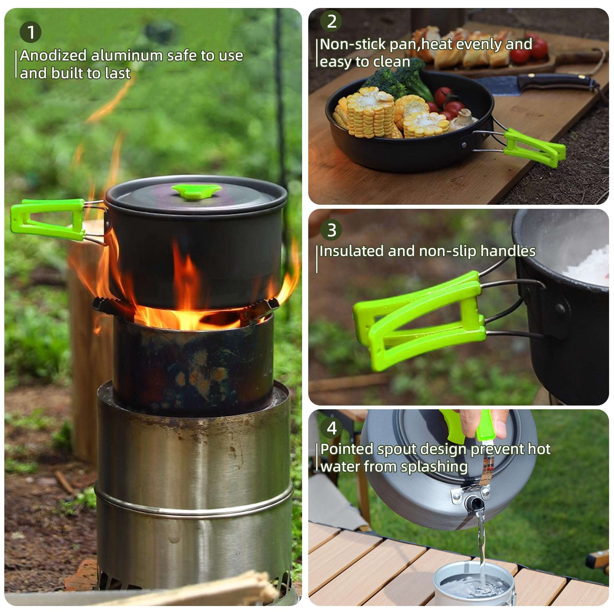 aiGear 3pcs Camping Cookware Mess Kit, Non-Stick Camping Pan Pot Kettle, Lightweight Aluminum, Collapsible Portable Camping Cooking Set for Outdoor Cooking Hiking Picnic - Image 3