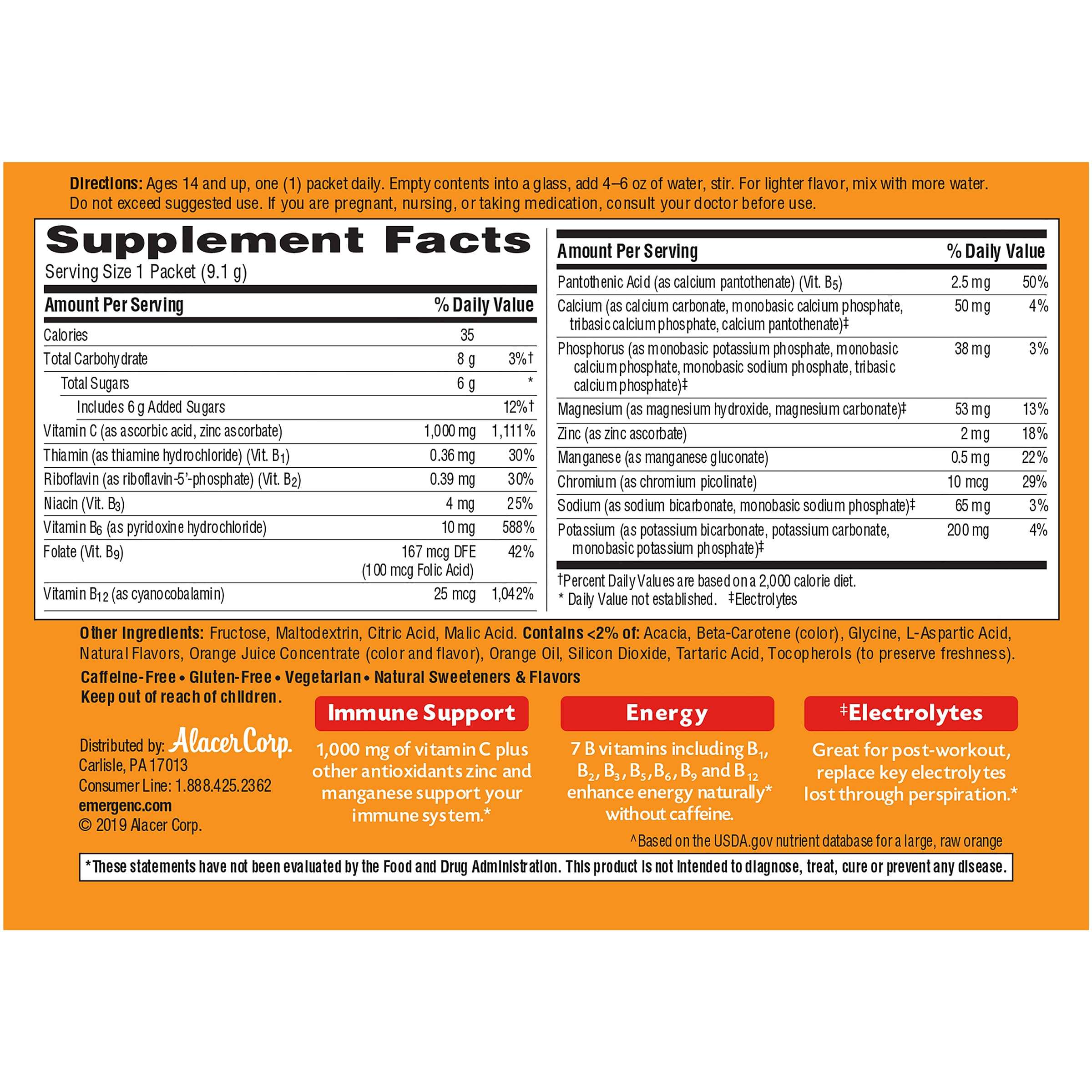 Emergen-C 1000mg Vitamin C Powder for Daily Immune Support Caffeine Free Vitamin C Supplements with Zinc and Manganese, B Vitamins and Electrolytes, Super Orange Flavor - 90 Count/3 Month Supply - Image 8