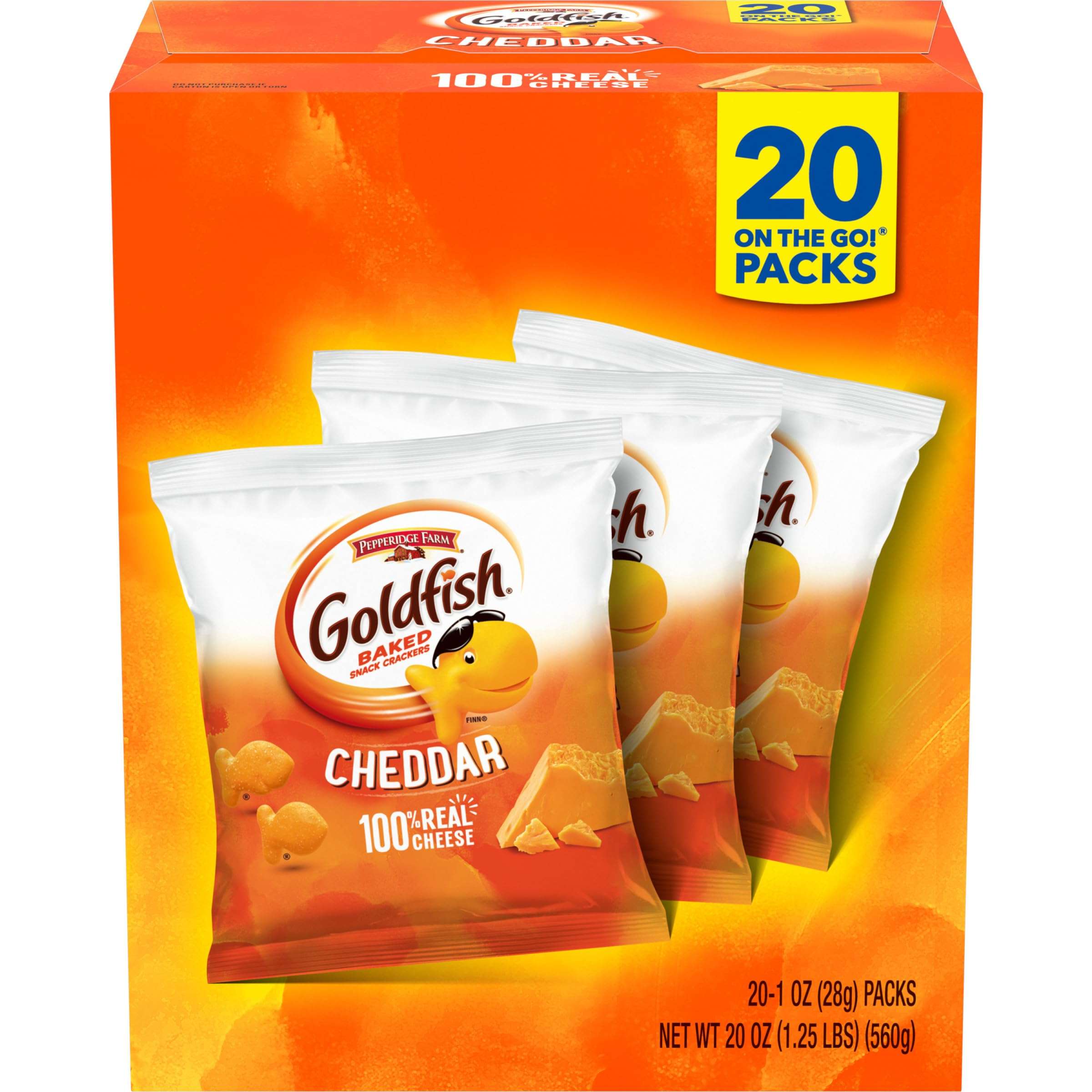 Goldfish Cheddar Cheese Crackers, Baked Snack Crackers, 1 oz On-the-Go Snack Packs, 20 Count Box - Image 1