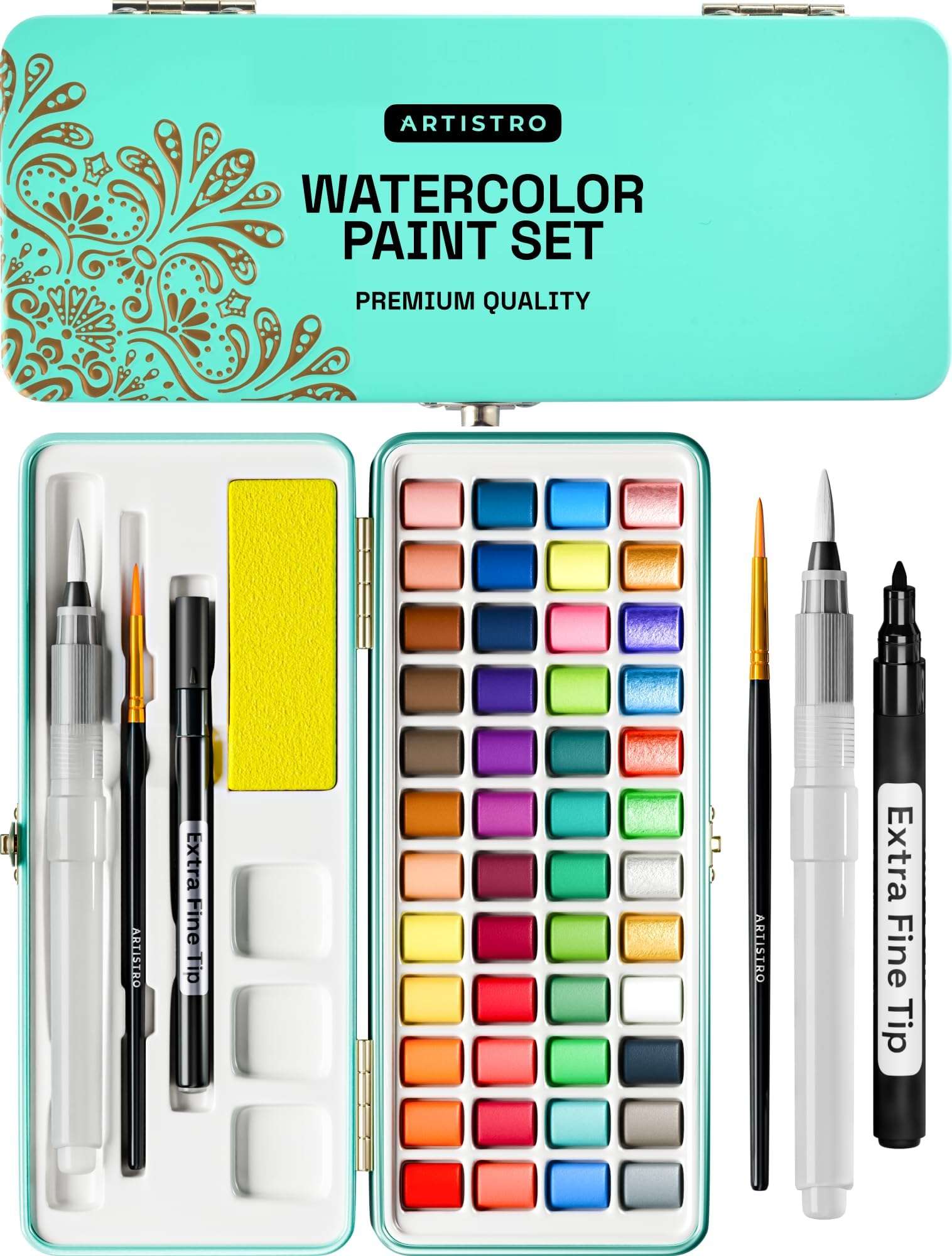 ARTISTRO Watercolor Paint Set Portable, Palette Set with Metallic Colors for Workbooks - Mini Travel Painting Kit for Artists, Professionals, Adults, Kids, Girls&Boys - Art Supplies, Christmas Gift - Image 1