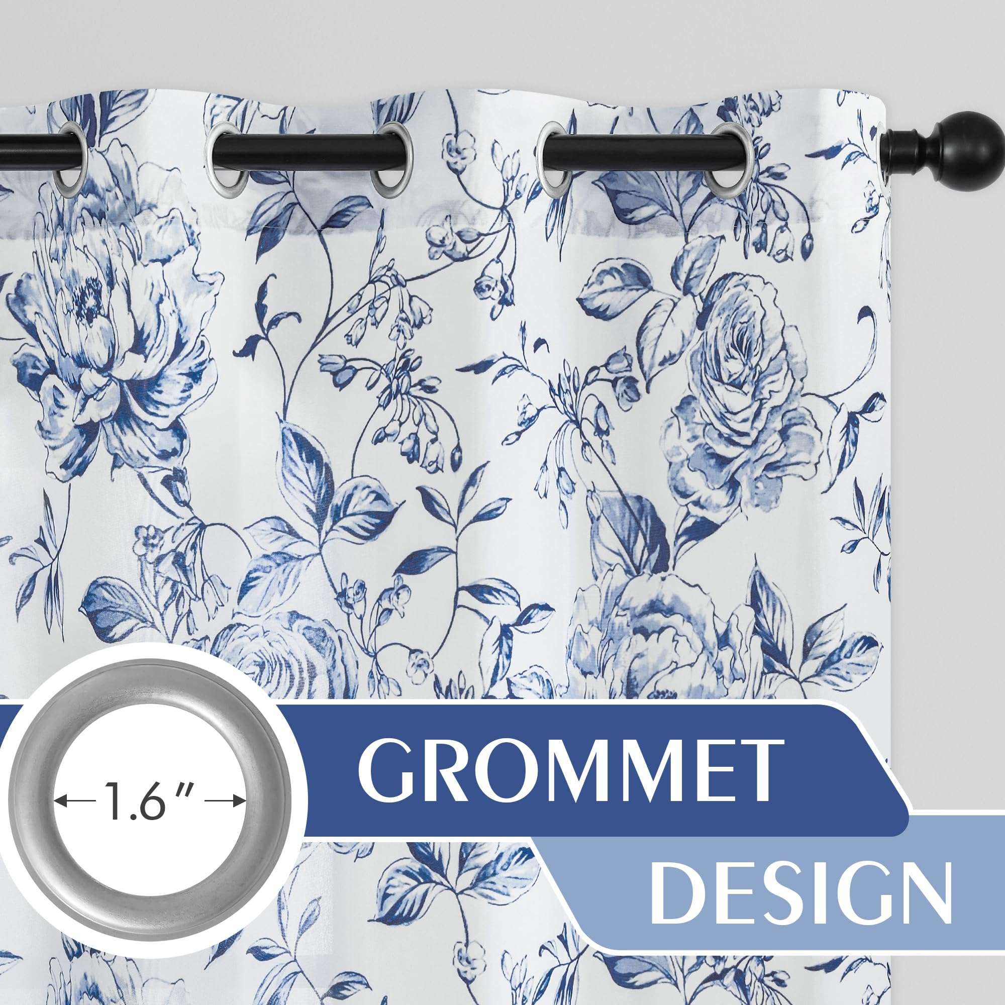 Beauoop Floral Curtains 84 Inches Long 2 Panels for Bedroom Living Room Blue Rose Flower Patterned Farmhouse Light Filtering Room Darkening Privacy Grommet Top Window Treatments Drapes, 50X84 - Image 2
