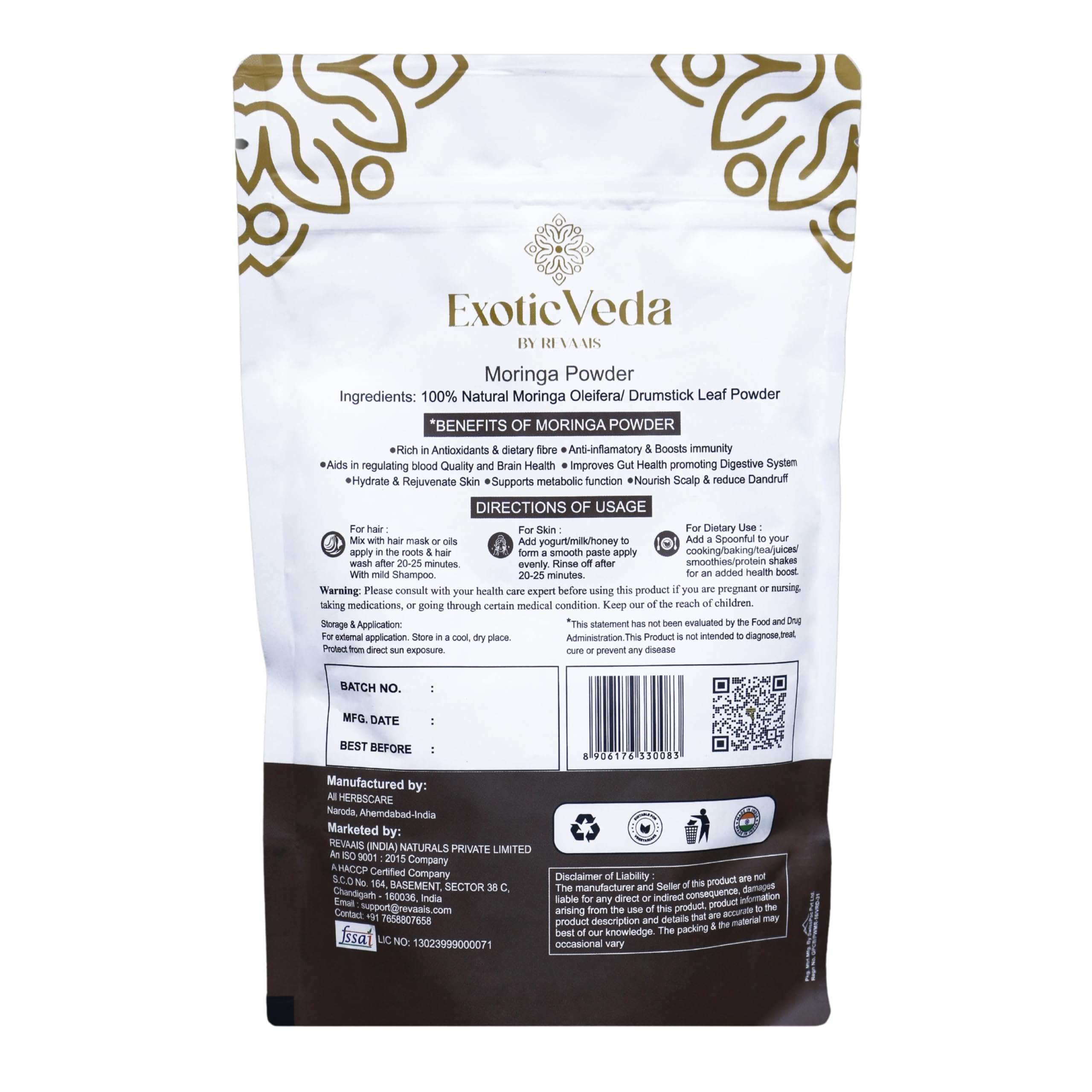 Exotic Veda Moringa Powder 100g (3.52oz) | 100% Pure & Natural Superfood | Nutrient-Rich, Antioxidant-Packed | Vegan & Gluten-Free | for Smoothies, Teas, Soups & Daily Wellness - Image 2