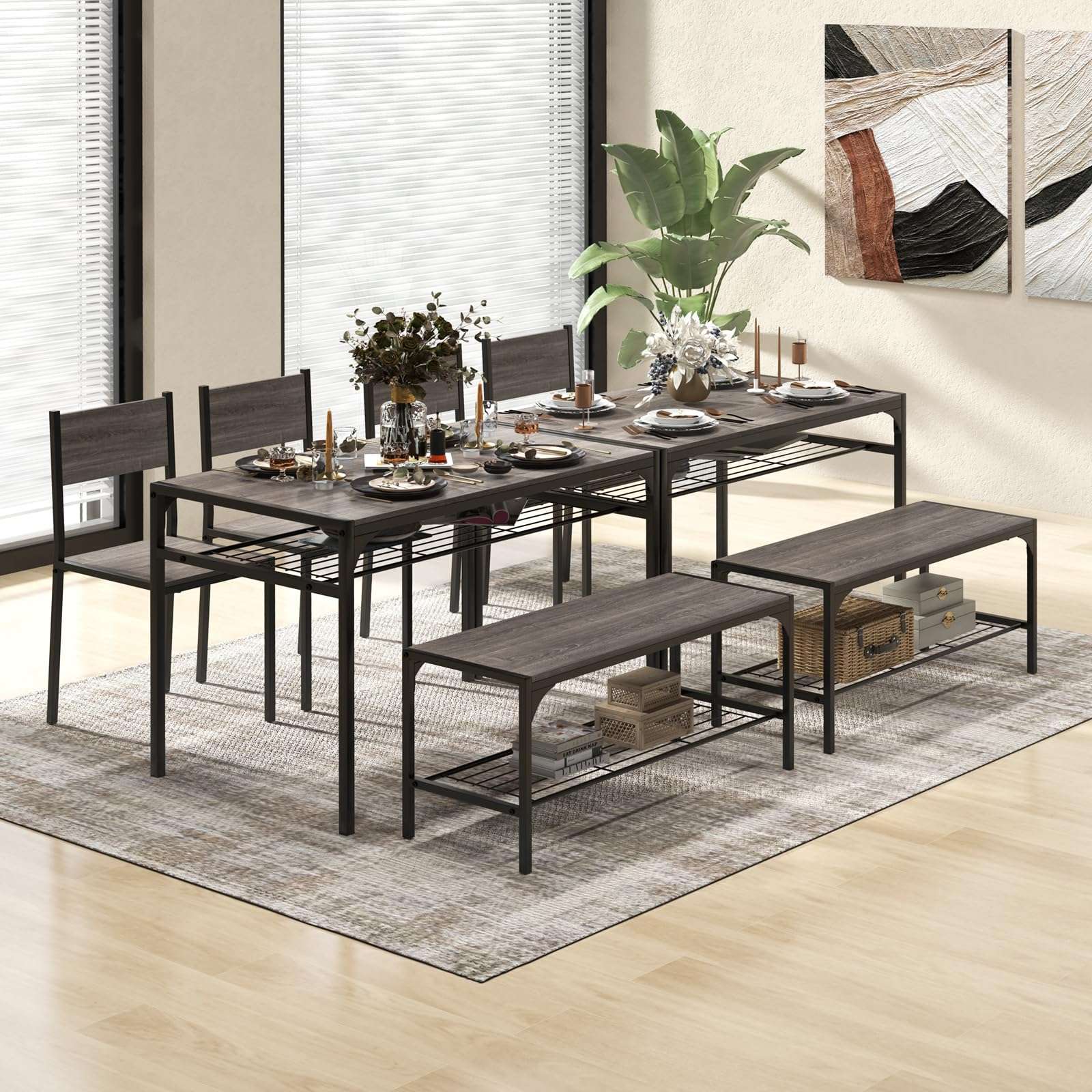 COSTWAY 4 Pieces Dining Table Set, Kitchen Table and 2 Chairs for 4 with Bench, Storage Racks, Metal Frame & Space-saving Design, Industrial Kitchen Table Set for Small Space, Apartment (Black & Grey) - Image 7