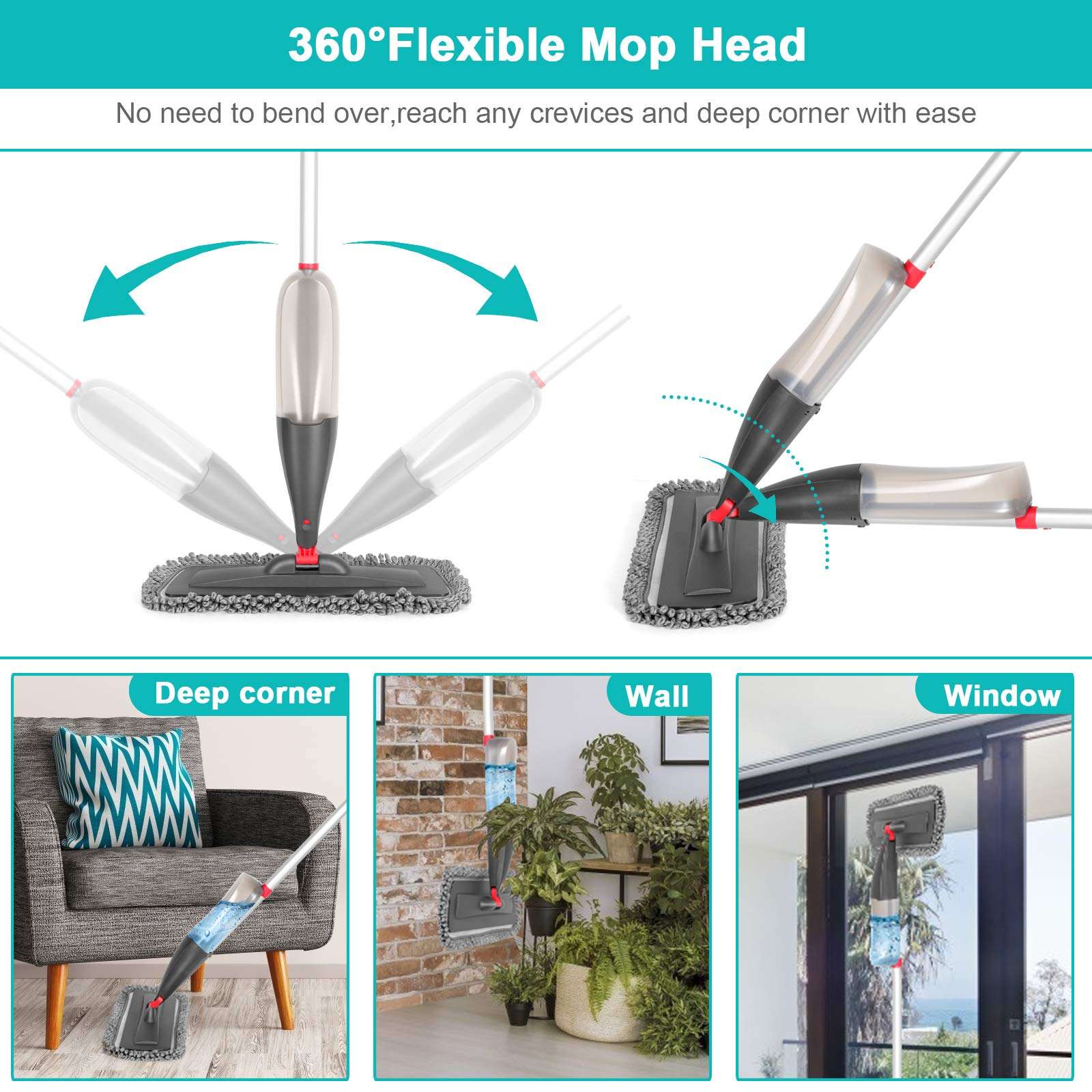 Spray Mop for Floor Cleaning with 3pcs Washable Pads - Wet Dry Microfiber Mop with 800 ml Refillable Bottle for Kitchen Wood Floor Hardwood Laminate Ceramic Tiles Floors Dust Cleaning - Image 4