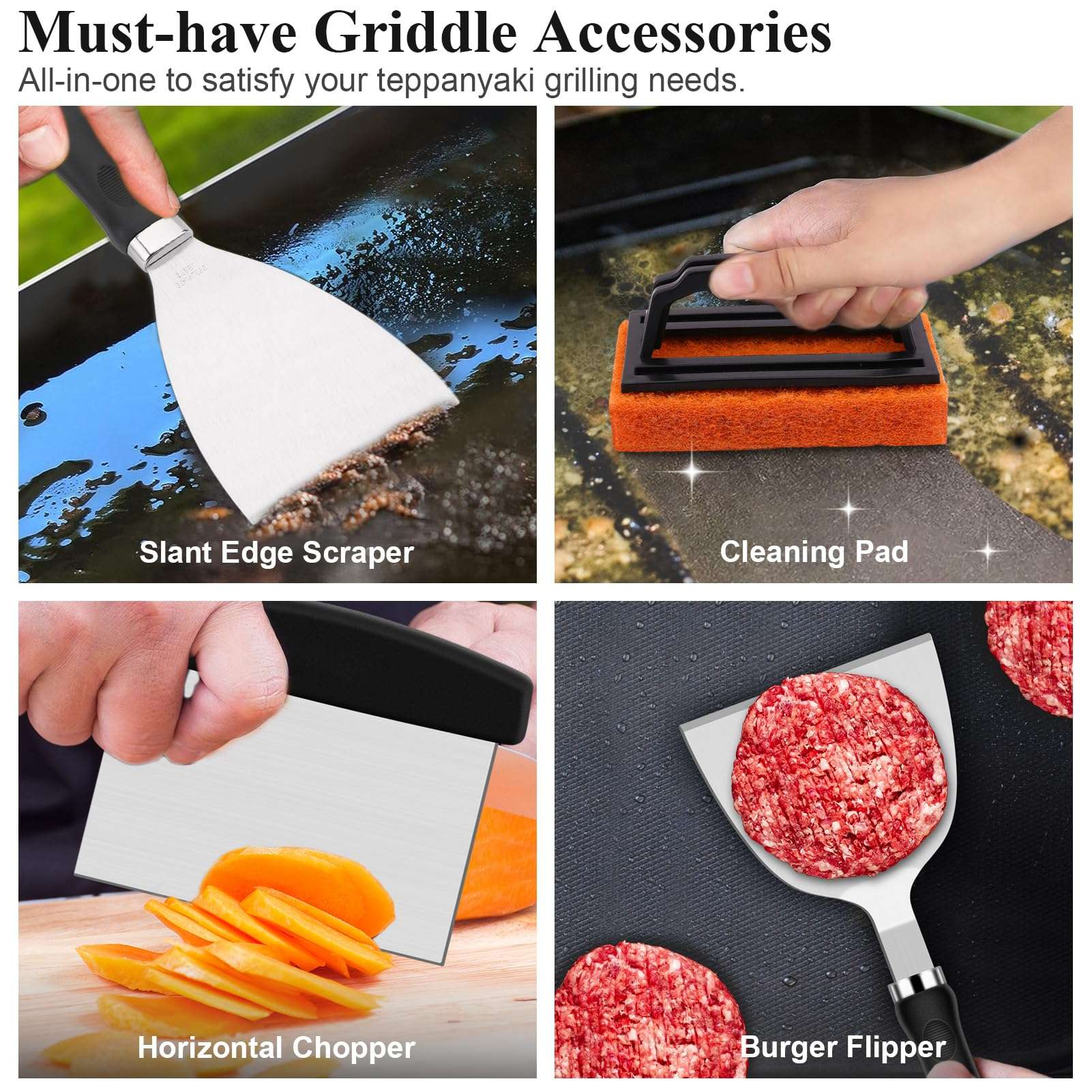 Grilliance 27pcs Griddle Accessories Kit for Blackstone, Professional Hibachi Flat Top Grill Tools, Enlarged Spatula Gift Set with Basting Cover，Burger Press Patty Maker for Outdoor BBQ Teppanyaki - Image 6