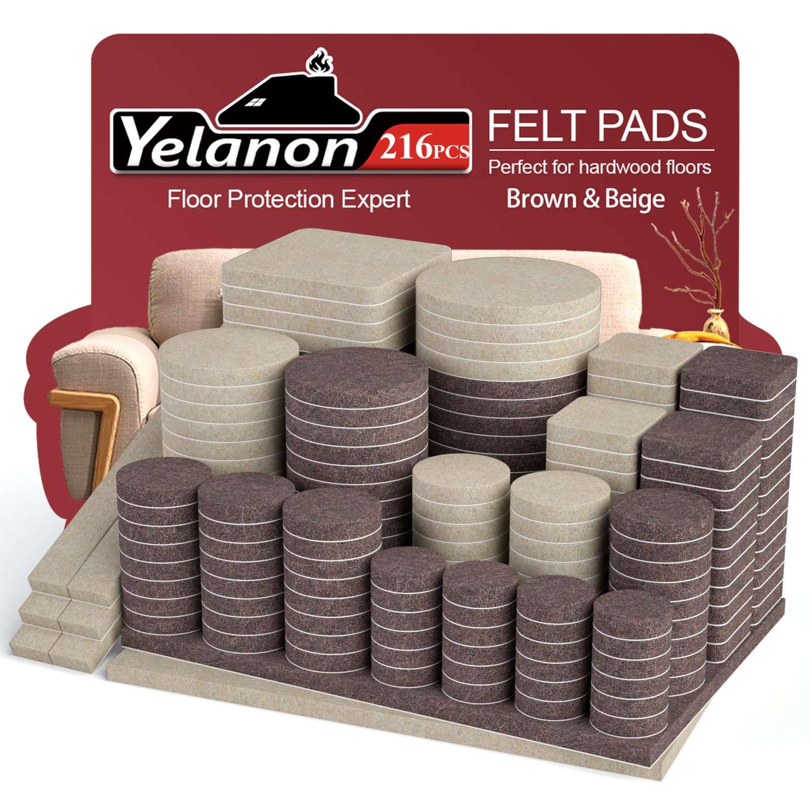 Yelanon Felt Furniture Pads for Hardwood Floors -216 Pcs Premium Felt Pads for Chair Legs, Floor Protectors for Furniture, Beige & Brown - Image 1