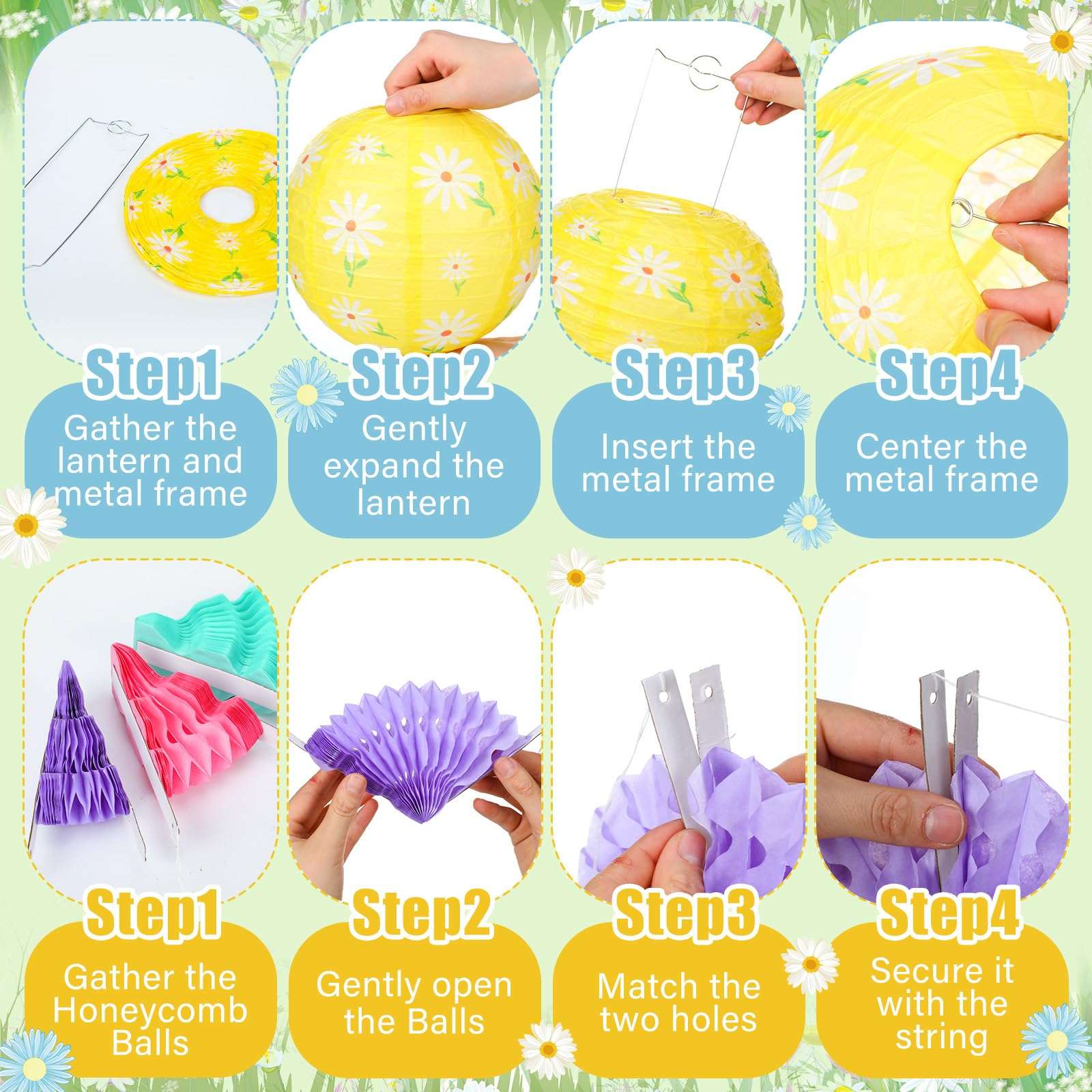 Baquler 18 Pcs Daisy Party Decorations Kit Pastel Floral Paper Lanterns Summer Tea Party Hanging Paper Fans Wild Flower Hanging Honeycomb Ball for Classroom Wedding Bridal Shower Decor Supplies - Image 3
