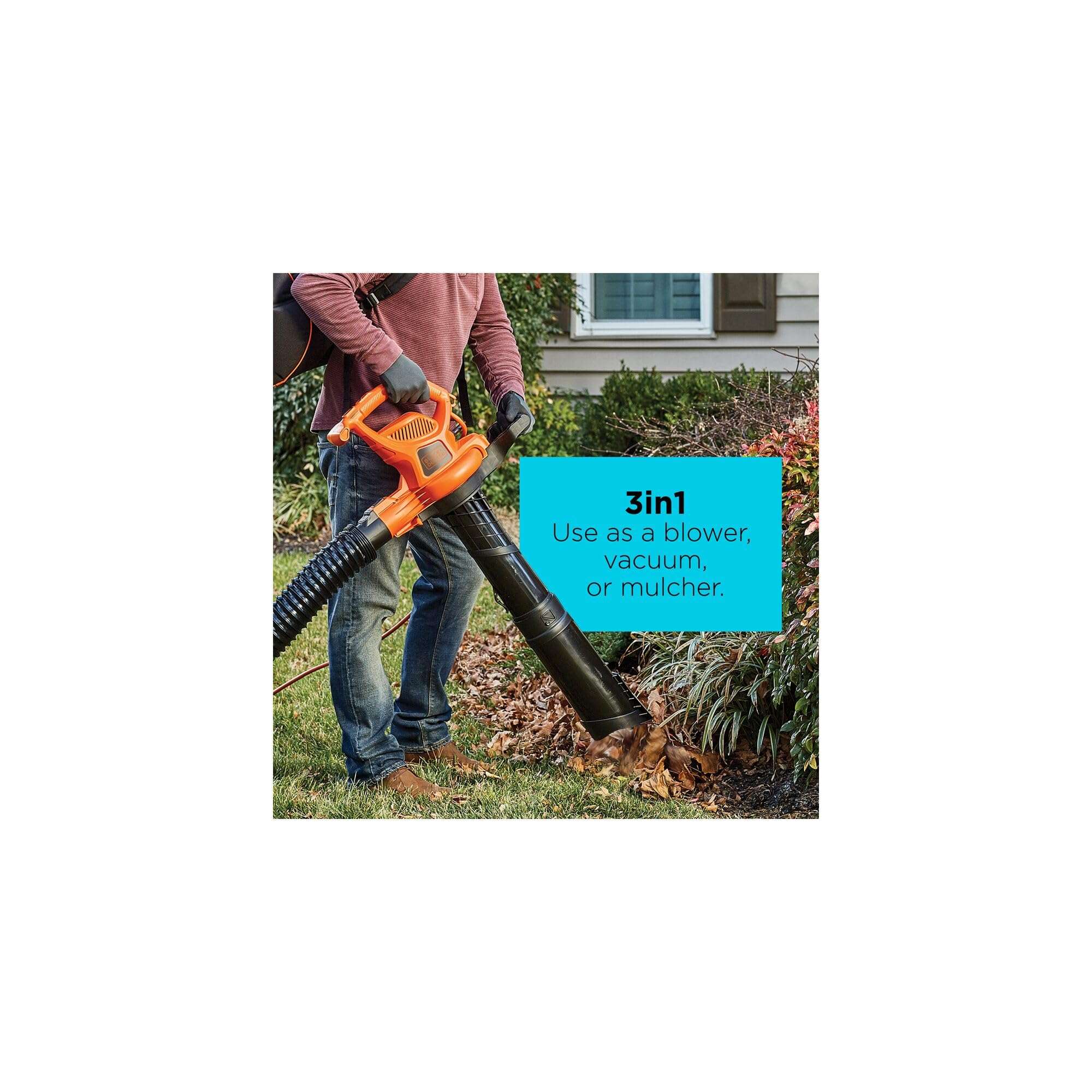 BLACK+DECKER Electric Leaf Blower, Leaf Vacuum and Mulcher 3 in 1, Backpack Blowers for Lawn Care,250 mph Airflow, 400 cfm Delivery Power, Reusable Bag Included, Corded (BEBL7000) - Image 9