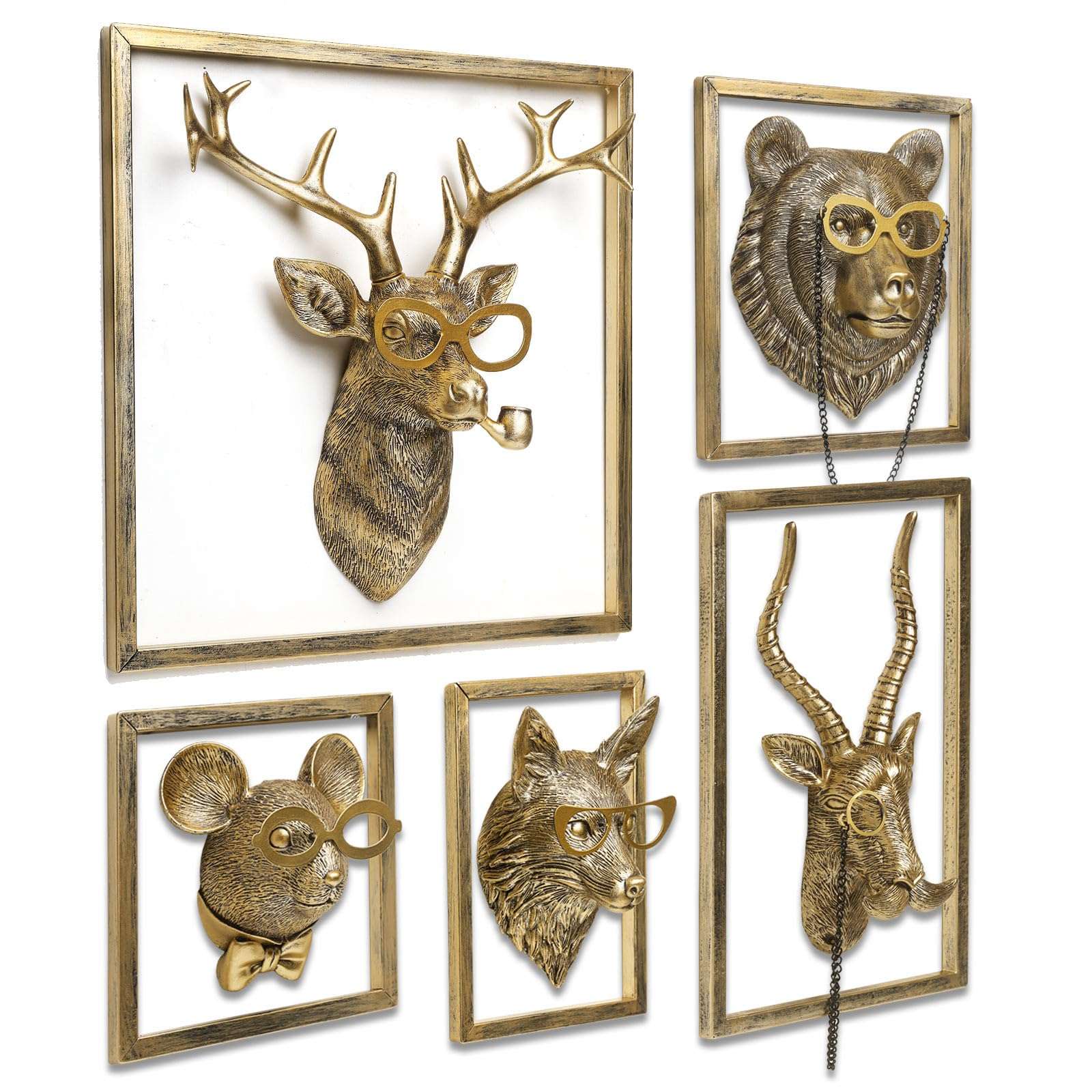 Animal Heads Wall Decor (5pcs, Includes Metal Frame) Resin Animals Sculptures Head Wall Hanging Decoration Gold vintage Wall Sculpture for Living Room Bedroom Office - Image 1