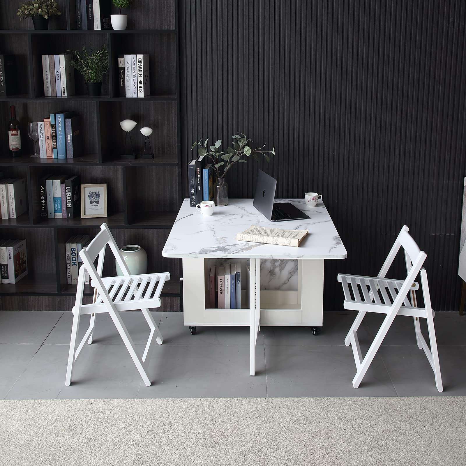 FUNROLUX Folding Dining Table with Rack and 2 Storage Drawers, Movable Extendable Space Saving Kitchen Table in 3 Forms (White) - Image 10