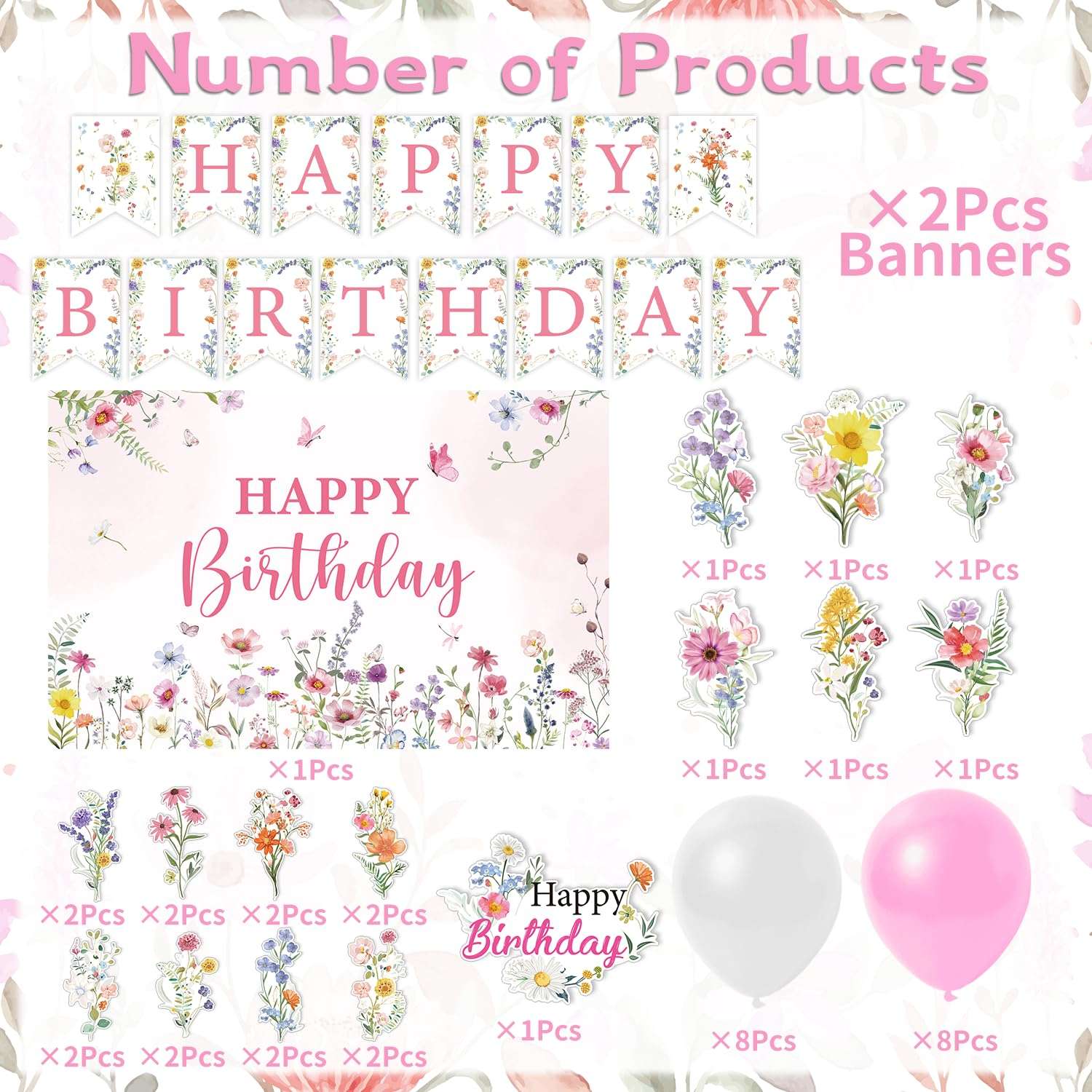 Rngmsi Flower Birthday Decorations Set - 42PCS Wildflower Floral Birthday Decor Party Supplies for Girls Women Happy Birthday Banners Balloons Backdrop Hanging Swirls Cake Topper Cupcake Toppers - Image 4