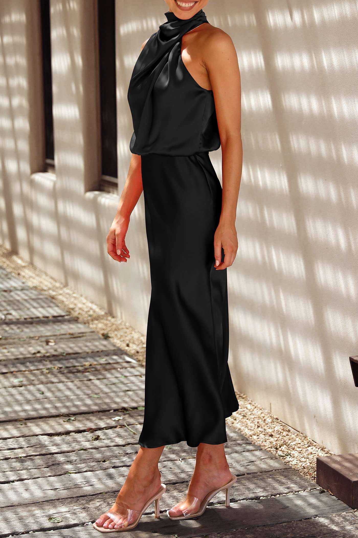PRETTYGARDEN Women's 2025 Summer Satin Dress Elegant Sleeveless Mock Neck Cocktail Party Maxi Dresses - Image 8
