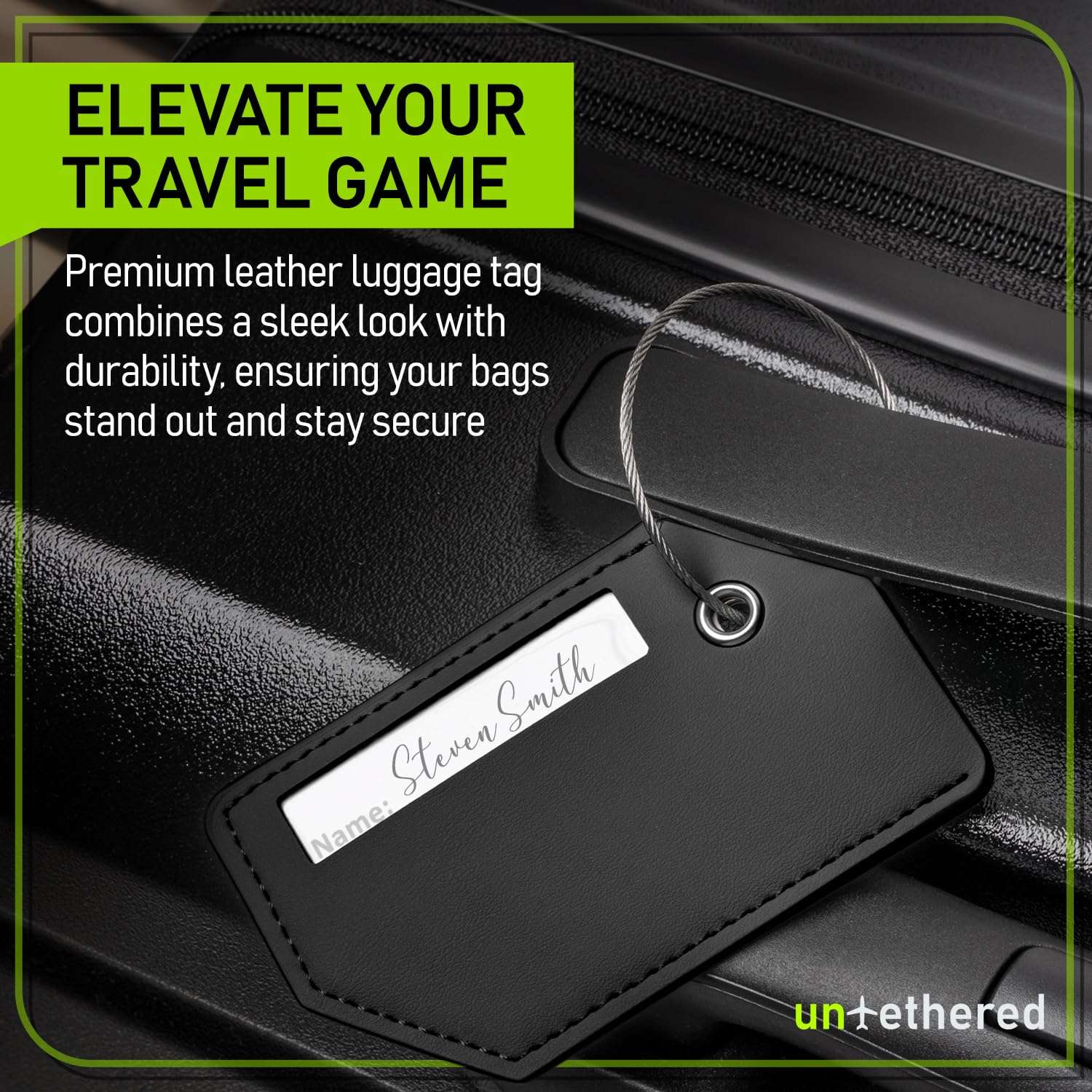 Untethered 4-Pack Luggage Tag Set | Durable Luggage Tags for Suitcases & Travel Bags | Bag Tag & Name ID Identifiers | Suitcase Tags for Easy Luggage Identification (Black Leather - 4 Pack) - Image 2