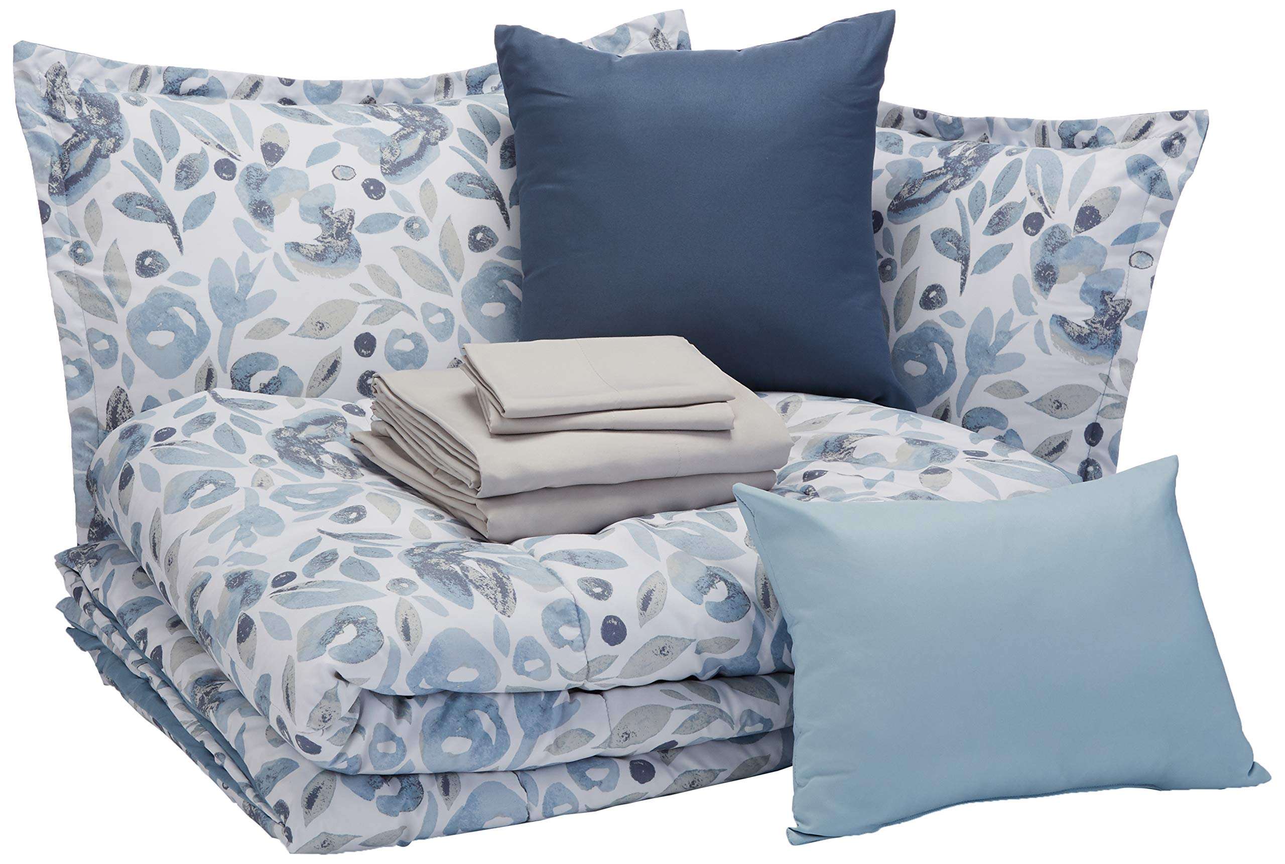 Amazon Basics Queen Comforter Set, Soft Microfiber, Machine Washable, Blue Watercolor Floral, 10-Piece - Image 1