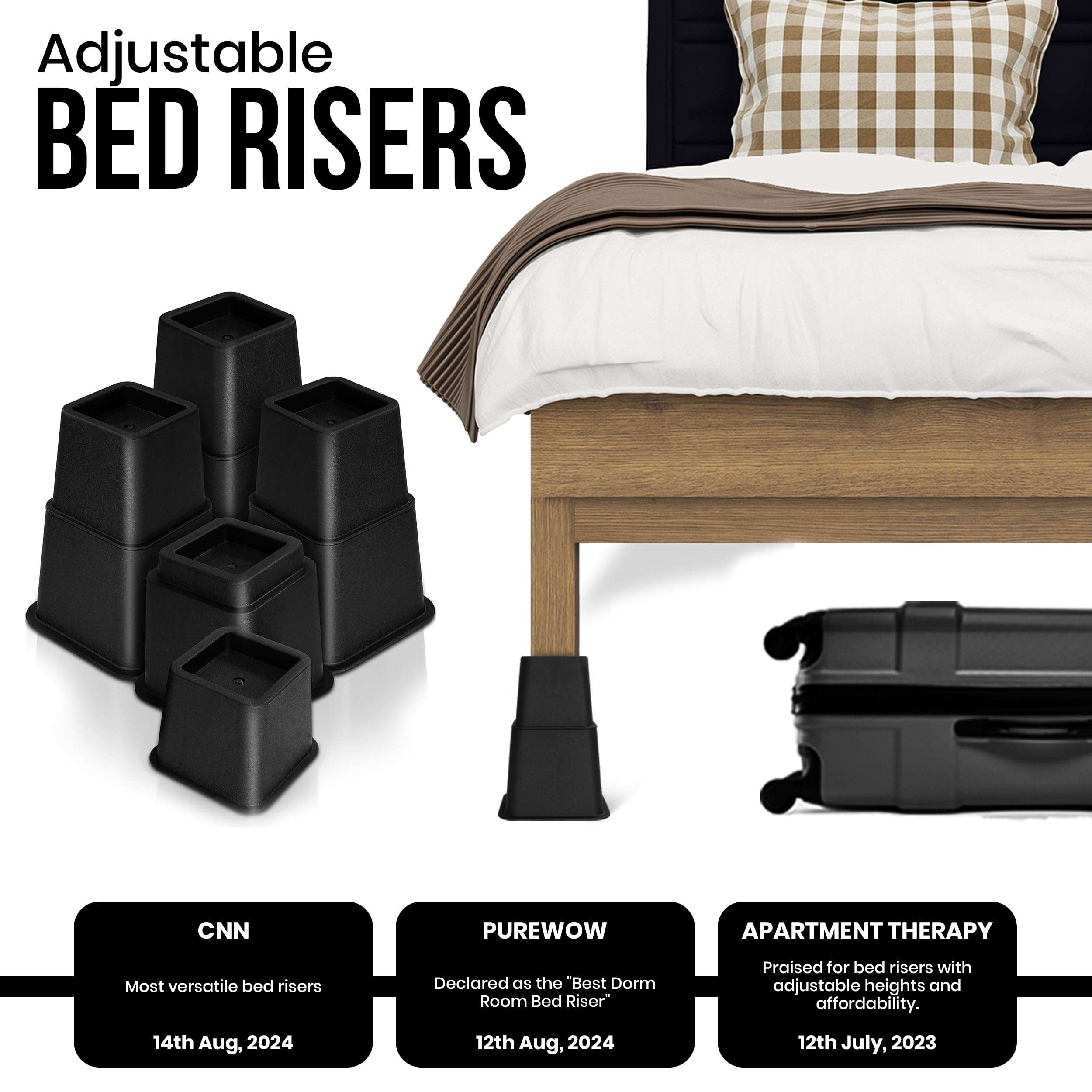 Utopia Bedding - Adjustable Bed Risers 3, 5, 8 Inch – Heavy Duty Furniture Riser Set of 4 for Beds, Couch & Desk – Under Bed Storage & Dorm Room Essential – Supports Up to 1,300 lbs – Black - Image 8