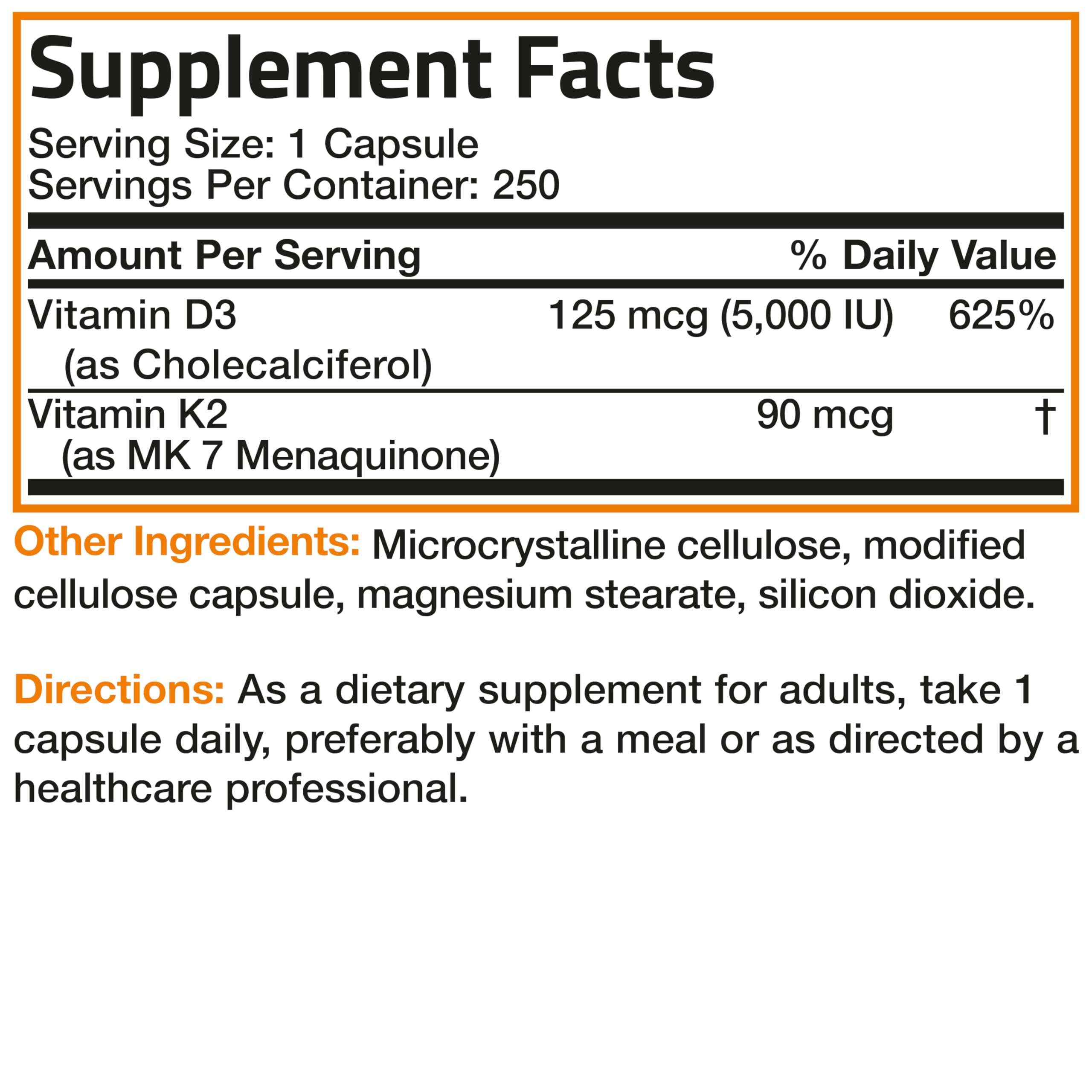 Bronson Vitamin K2 (MK7) with D3 Supplement Non-GMO Formula 5000 IU Vitamin D3 & 90 mcg K2 MK-7 Easy to Swallow D & K Complex, 250 Capsules - Image 8