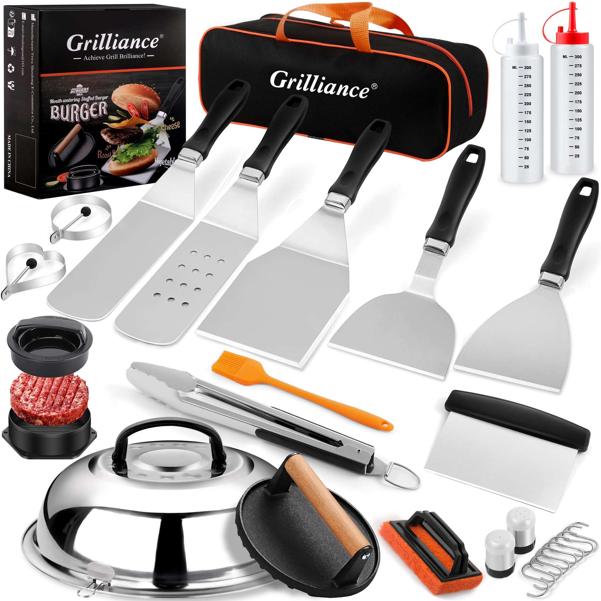 Grilliance 27pcs Griddle Accessories Kit for Blackstone, Professional Hibachi Flat Top Grill Tools, Enlarged Spatula Gift Set with Basting Cover，Burger Press Patty Maker for Outdoor BBQ Teppanyaki - Image 1