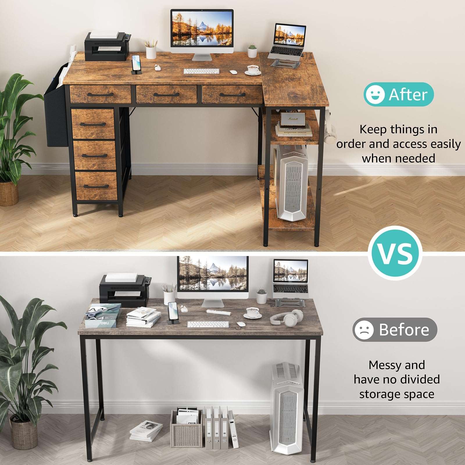 Lufeiya L Shaped Computer Desk with Drawers - 48 Inch Office Desk with Shelves Storage, Reversible Corner PC Desks with Power Outlet for Home Office, Bed Room, Writing Workstation, Brown - Image 5