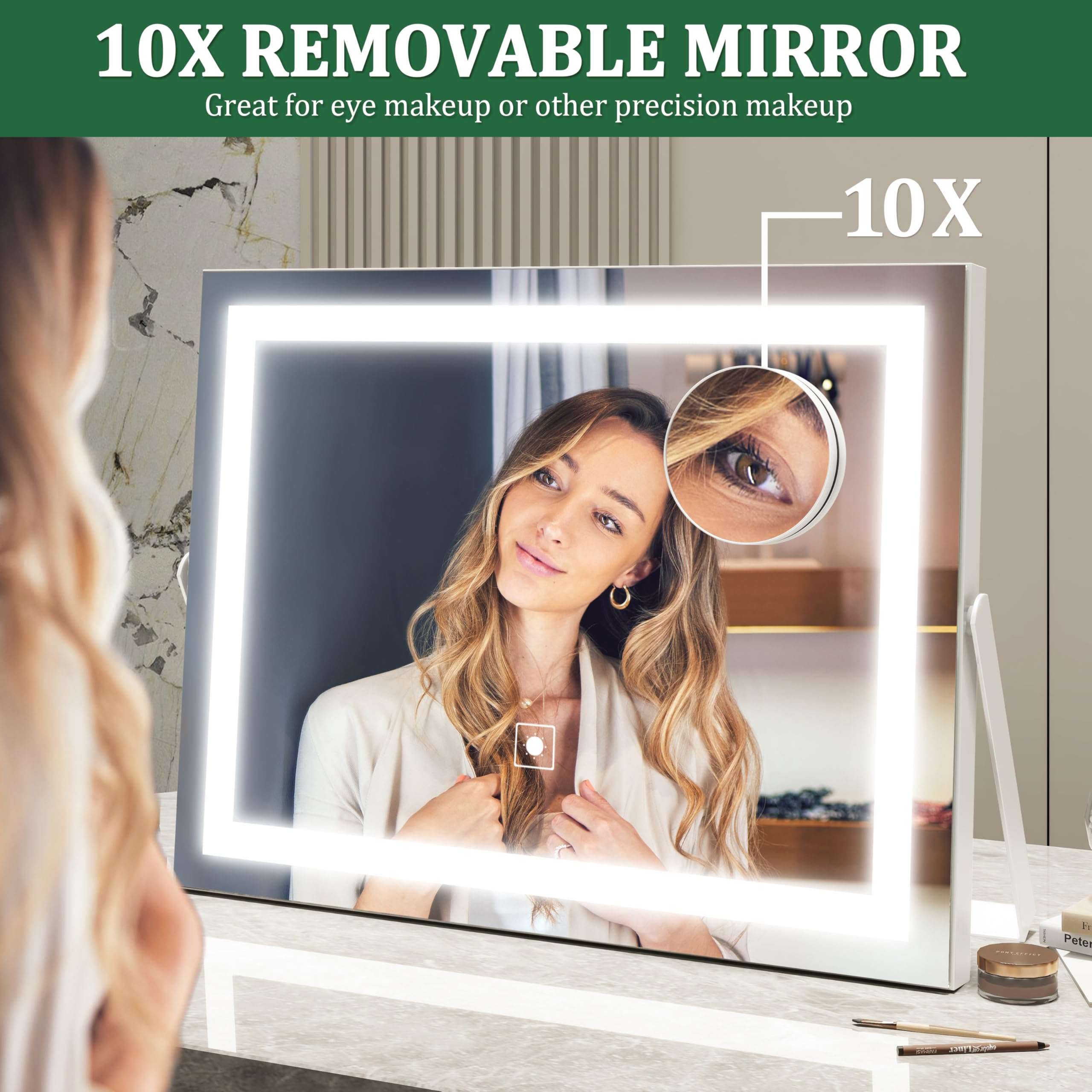 ROLOVE Vanity Mirror with Lights, 14" x 11" LED Makeup Mirror, 3 Modes Light, Smart Touch Control Dimmable, 10X Magnification, 360°Rotation, Square Corner Rectangle, White - Image 6