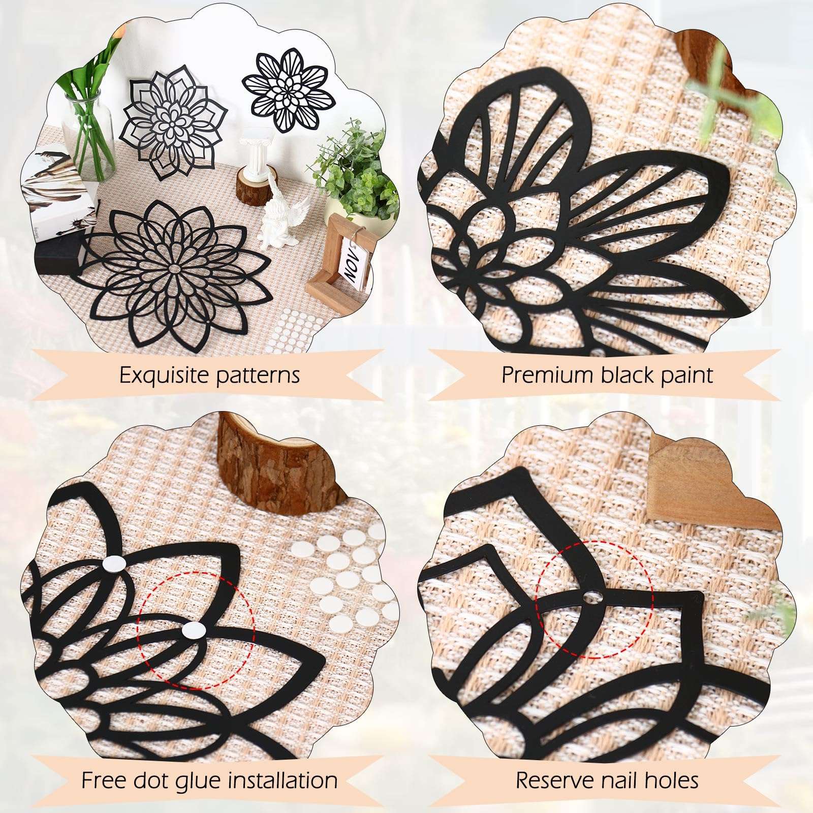 Zzbakress 3 Pieces Metal Flowers Wall Decor, Black Wall Decors, Flower Art Wall Decor Farmhouse Wall Decoration Multiple Flowers Hanging Decor for Bathroom Living Room Garden Office (Black Elegant) - Image 4