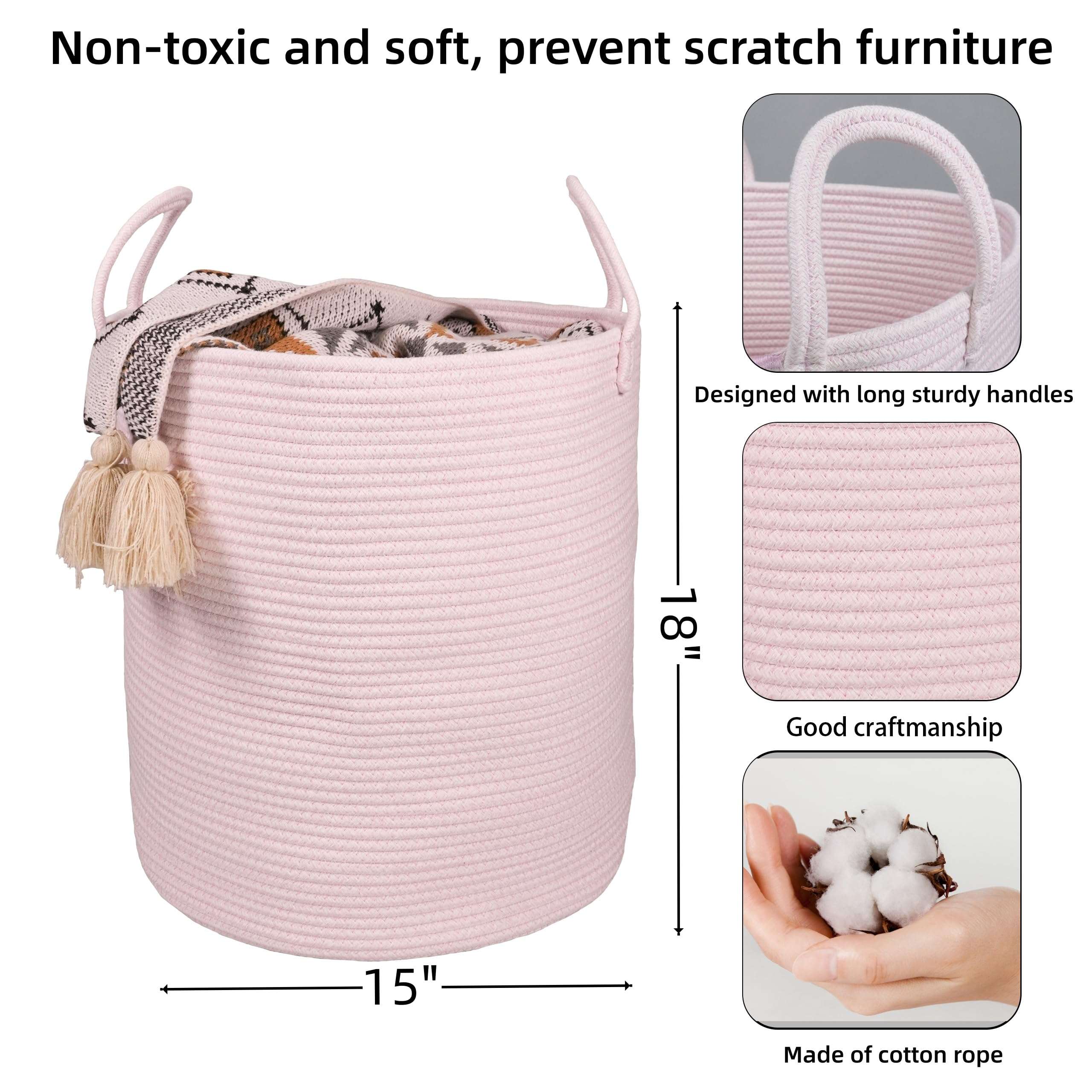 XUANGUO Cotton Rope Laundry Basket Hamper for Girls Kids Baby Nursery Hamper Bin Woven Storage Basket for Living Room Girls room Boho Tall Rope Baskets for Blanket Toys Large light pink - Image 3