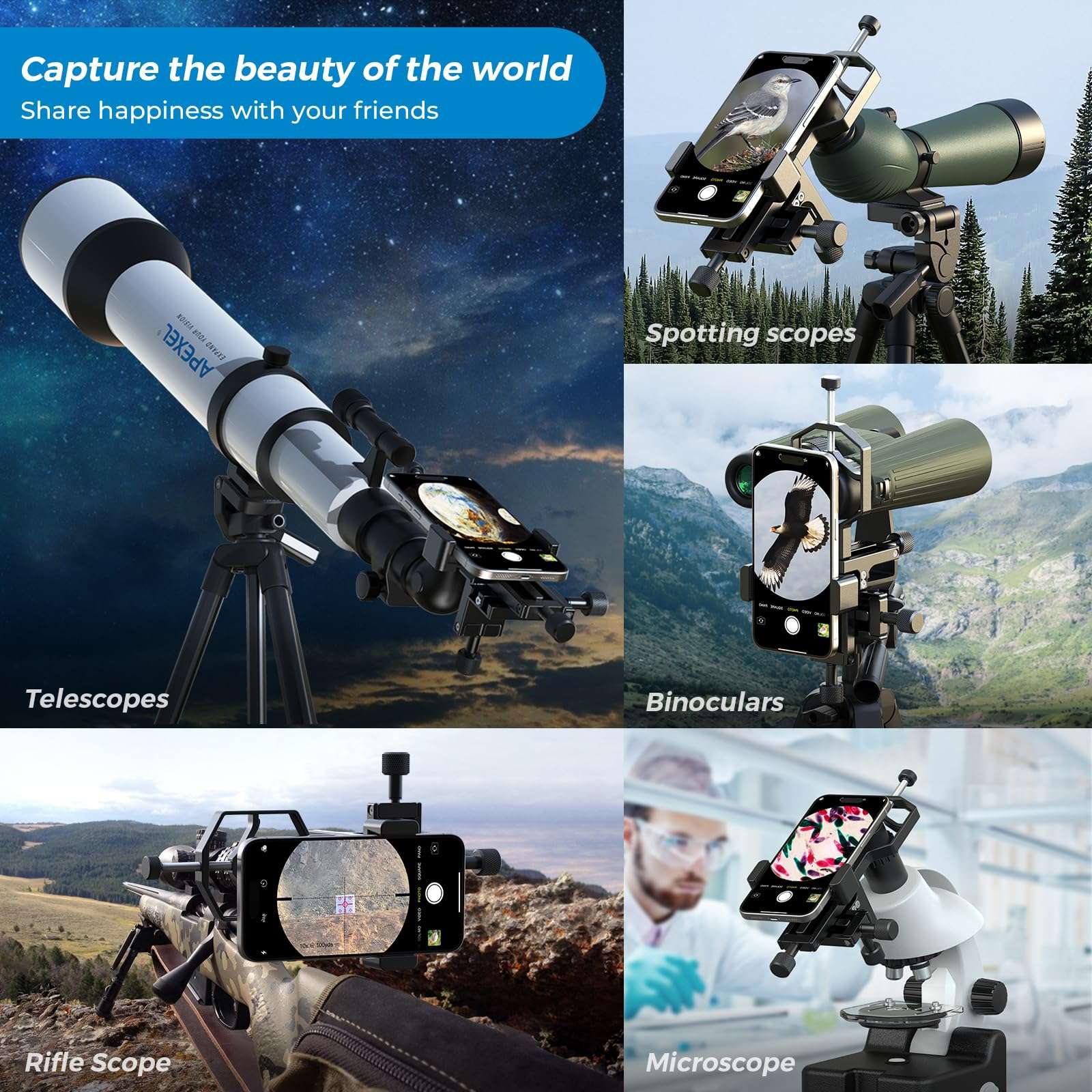 APEXEL CNC Aluminum 3-Axis Telescope Phone Adapter, XYZ-Axis High-Precision Photo Adapter Fits All Smartphone, Phone Mount for Binocular, Monocular, Microscope, Spotting Scope. (with Shutter Remote) - Image 7