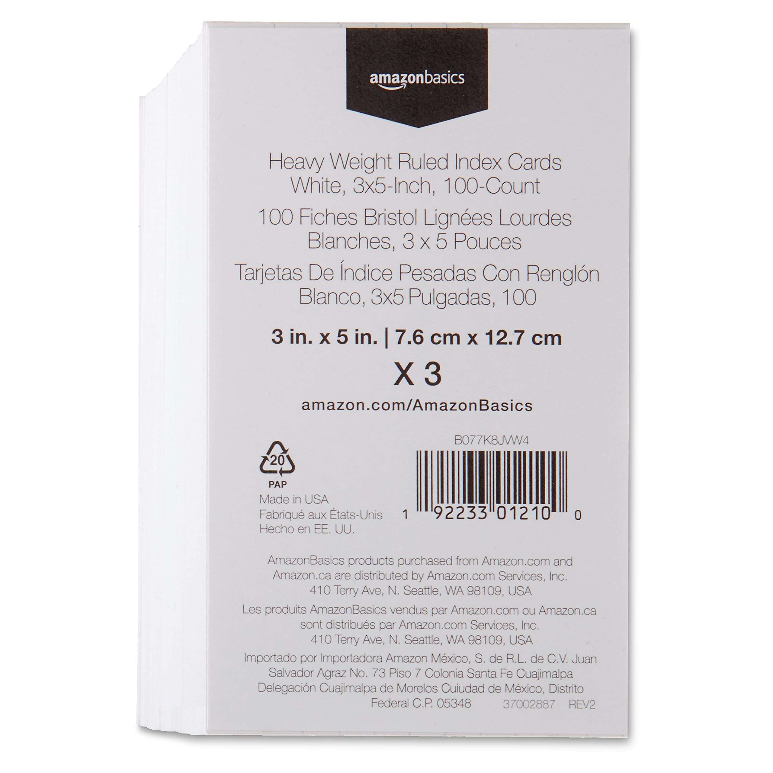Amazon Basics Paper Flash Ruled Index Note Cards, Heavy Weight, White, 3 x 5 Inch Card, 300 Count, 100 Pack of 3 - Image 3