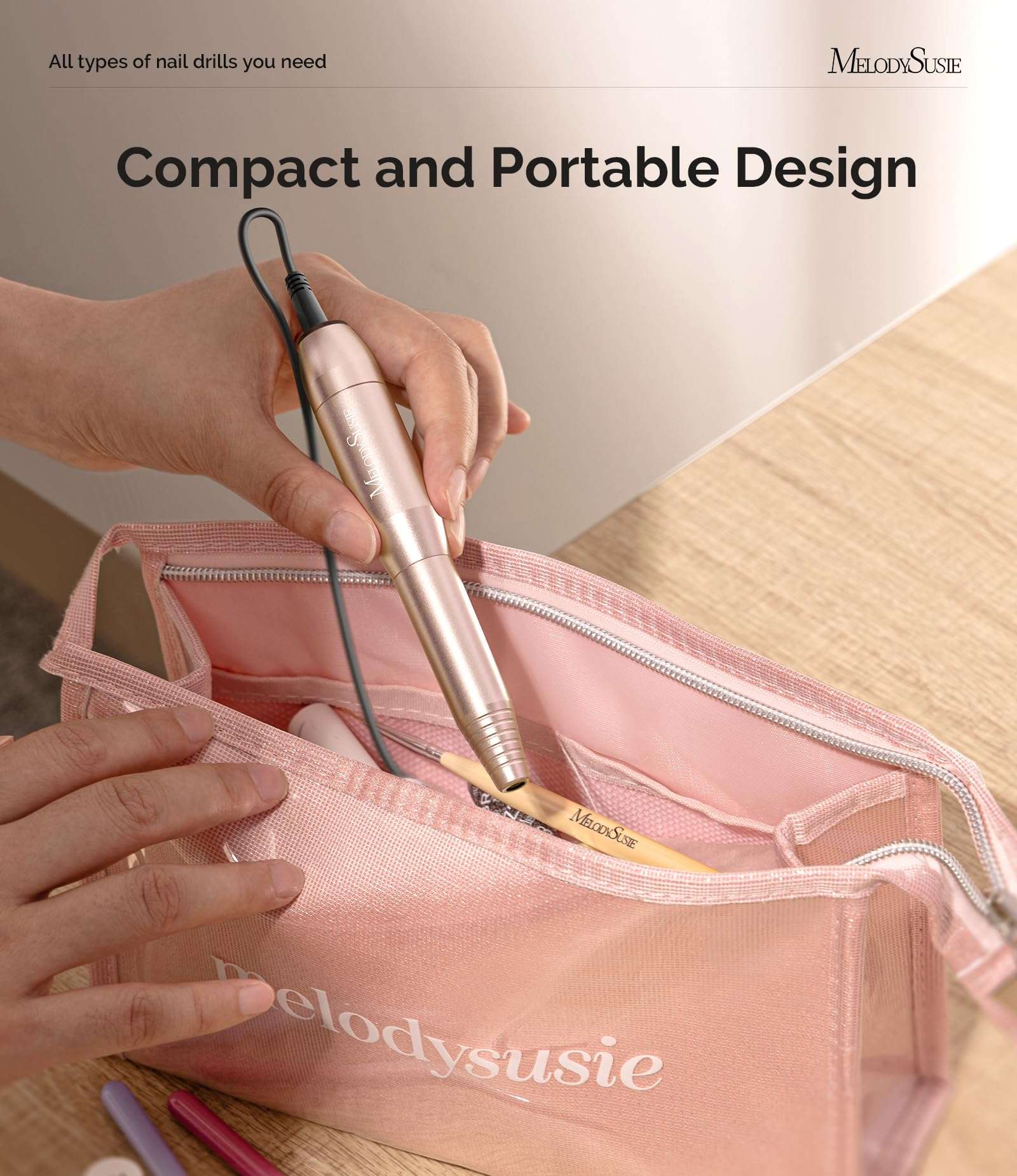 MelodySusie Electric USB Nail Drill Machine,PC120I Portable Electric Nail File Efile Set for Acrylic Gel Nails, Manicure Pedicure Tool with Nail Drill Bits Sanding Bands Gold - Image 3