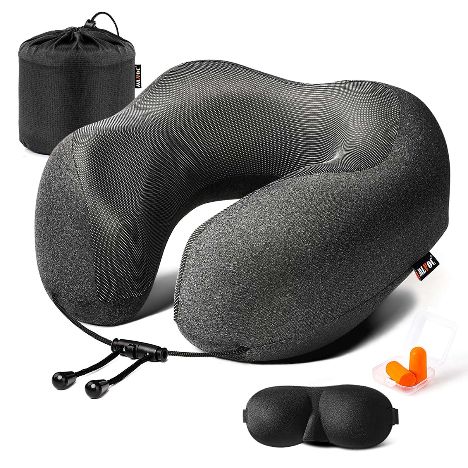 MLVOC Travel Pillow 100% Pure Memory Foam Neck Pillow, Comfortable & Breathable Cover, Machine Washable, Airplane Travel Kit with 3D Contoured Eye Masks, Earplugs, and Luxury Bag, Standard (Black) - Image 1