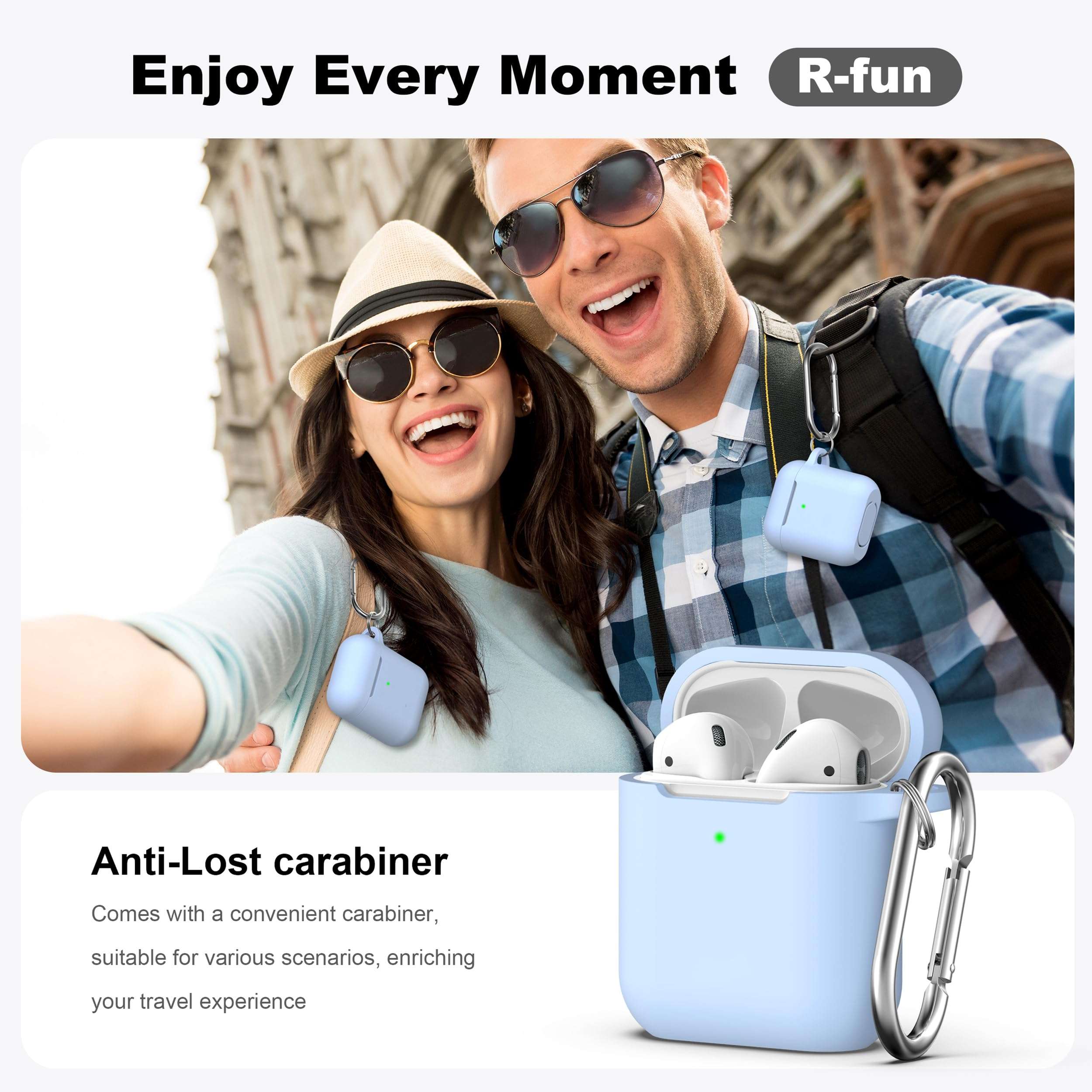 R-fun AirPods Case, Soft Silicone Protective Cover with Keychain | Sky Blue | Front LED Visible | Compatible with Apple AirPods 2nd/1st Generation | for Women Men - Image 2