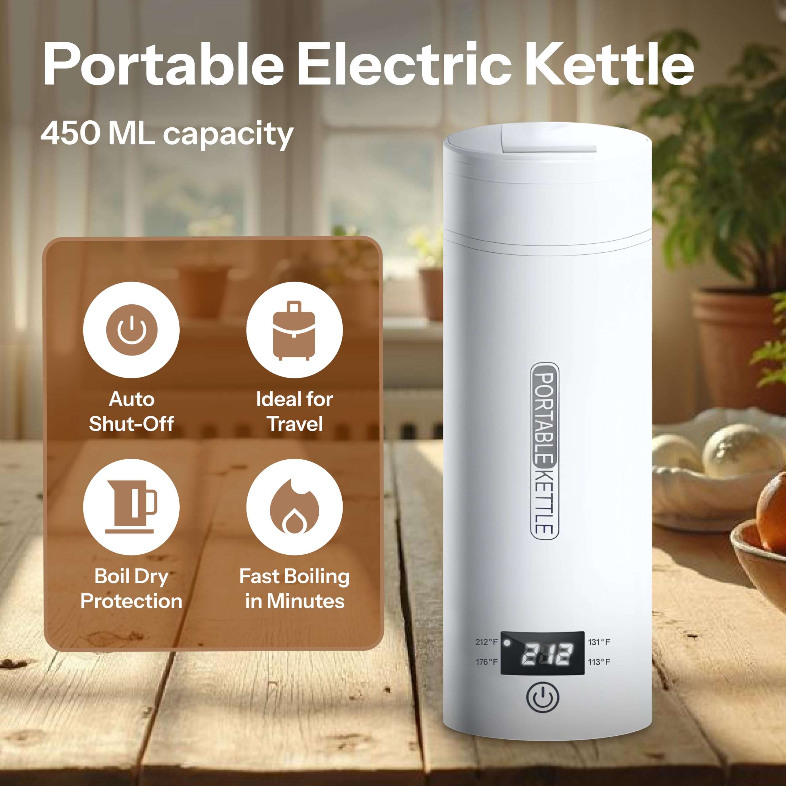 Thrive NRG Travel Electric Portable Kettle, Small Travel Kettle for Tea and Coffee - 304 Stainless Steel, 450mL Mini Hot Water Boiler with 4 Temperature Presets, LCD Display, and Auto Shut-Off - Image 2