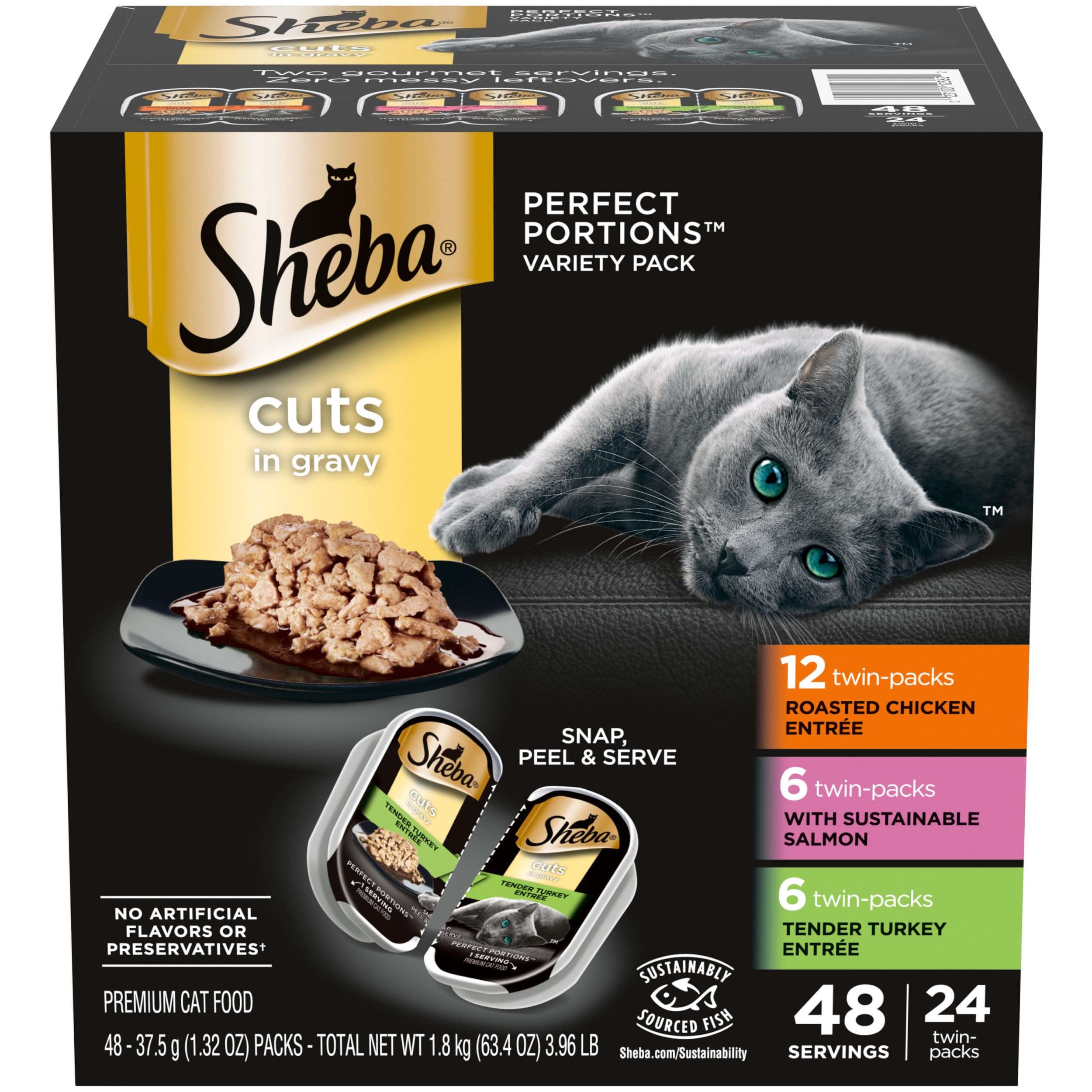 Sheba Perfect Portions Wet Cat Food Cuts in Gravy Variety Pack, Roasted Chicken Entree, with Sustainable Salmon, and Tender Turkey Entree, 2.6 oz. Twin-Pack Trays (24 Count, 48 Servings) - Image 1