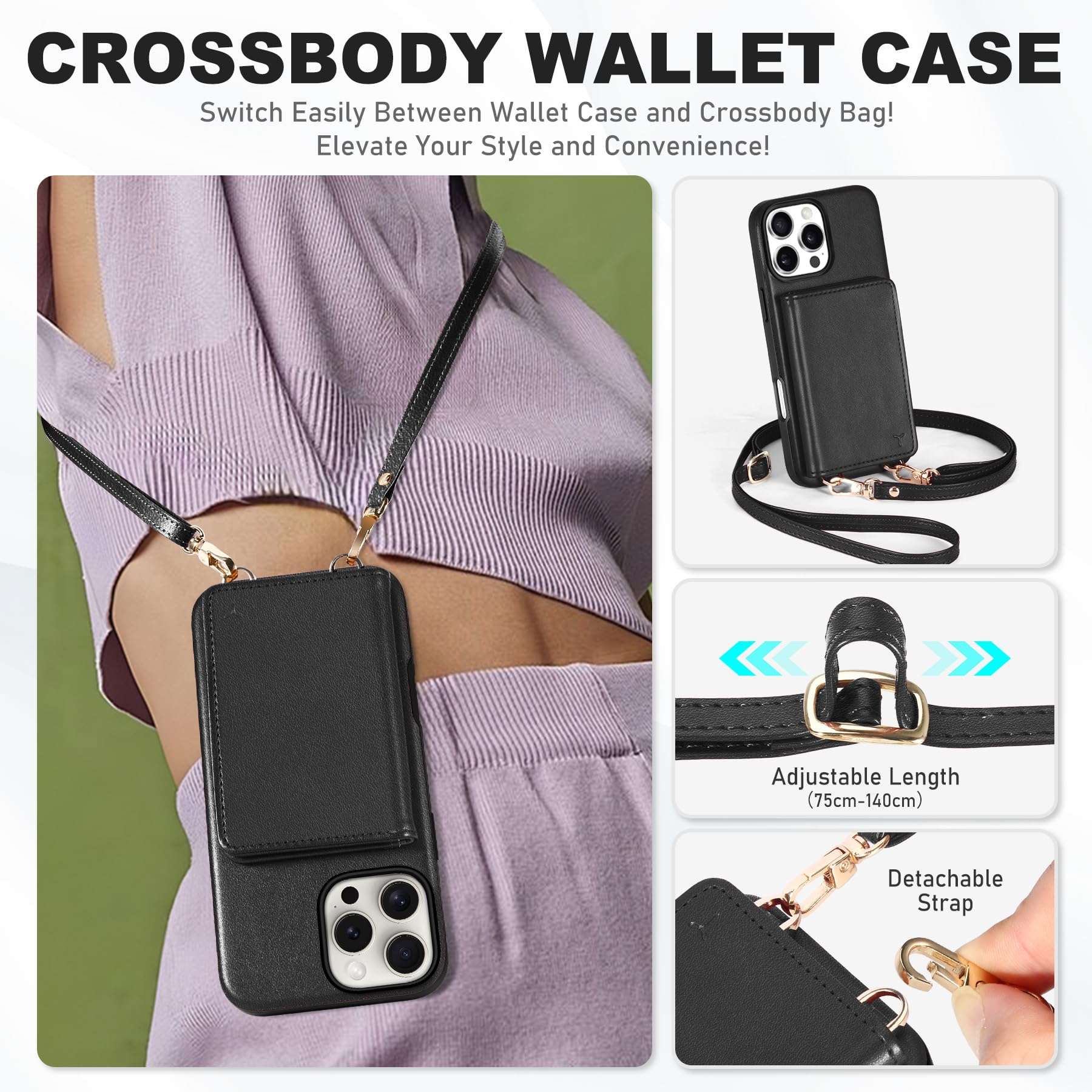 TUCCH Crossbody Wallet Case for iPhone 16 Pro Max (6.9"), RFID Blocking [6 Card Slots][Detachable Adjustable Lanyard], Magnetic Wallet PU Leather Shockproof Phone Cover for iPhone 16 Pro Max, Black - Image 3