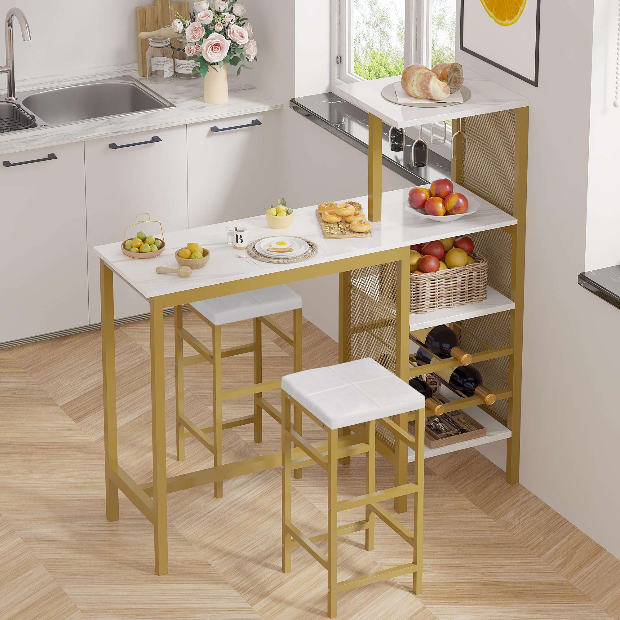 VECELO Bar Table and Chairs Set for 2, 3-Piece Dining Set with Storage Shelves, Cup Holder & Wine Rack, PU Leather Cushion Stools, for Kitchen Small Space, Gold - Image 1