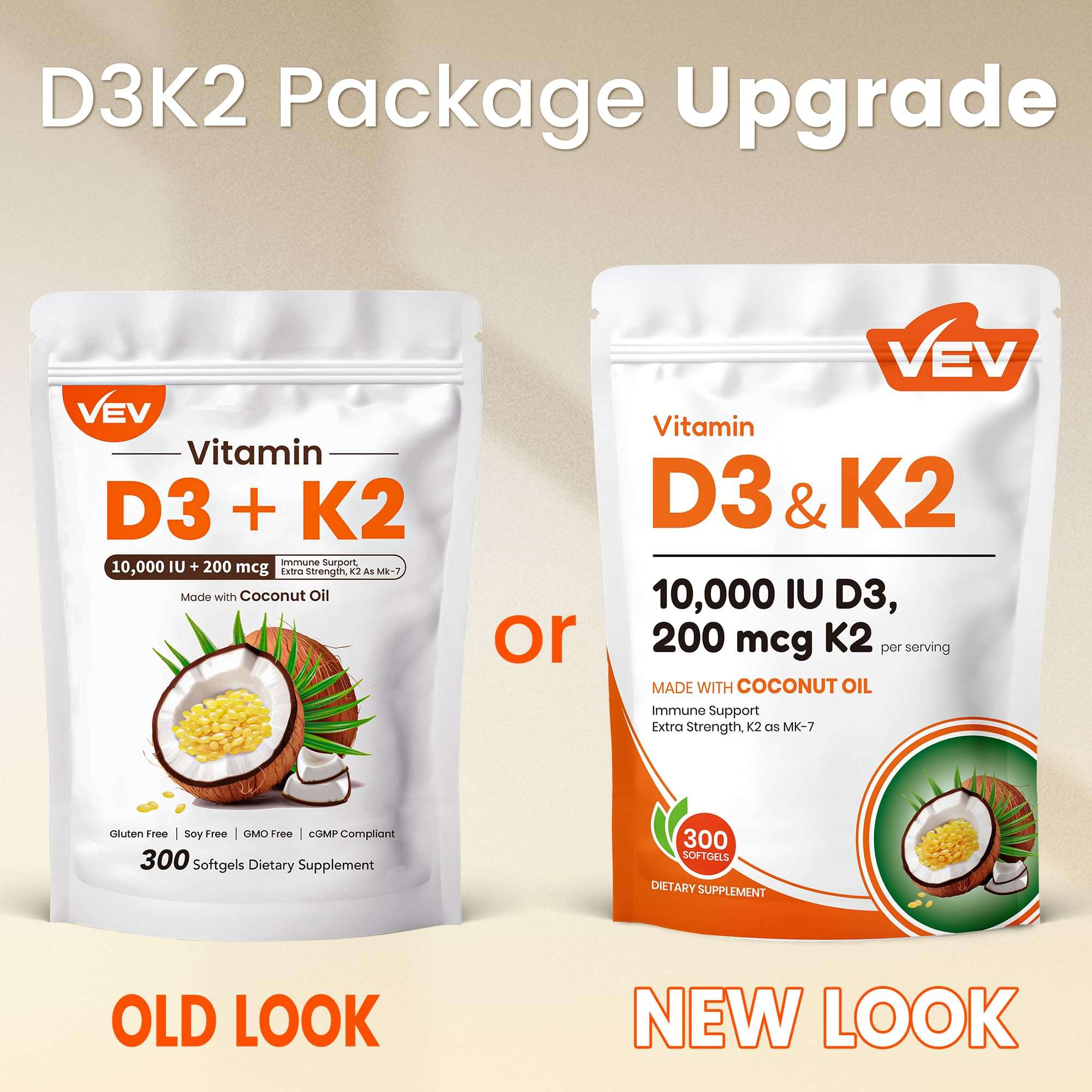 VEV Corefeel Vitamin D3 K2 10,000 IU, 200 mcg MK-7, 300 Coconut Oil Softgels, 2 in 1 Vitamins Supplement D & K (Include MK7), Easy to Swallow, Supports Calcium Absorption, Bone Health - Image 3